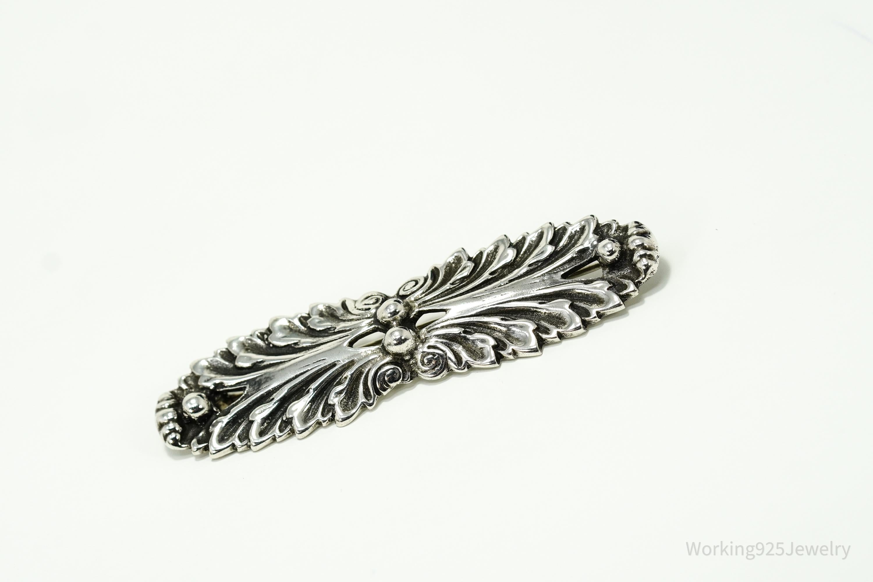 Large Vintage Mid Century Floral Sterling Silver Brooch Pin 3"