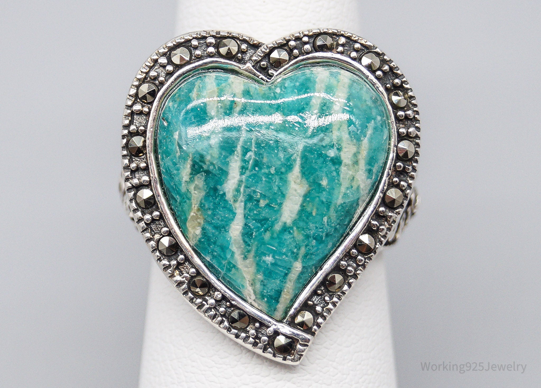 Vintage Amazonite Marcasite Heart Sterling Silver Ring - Size 6