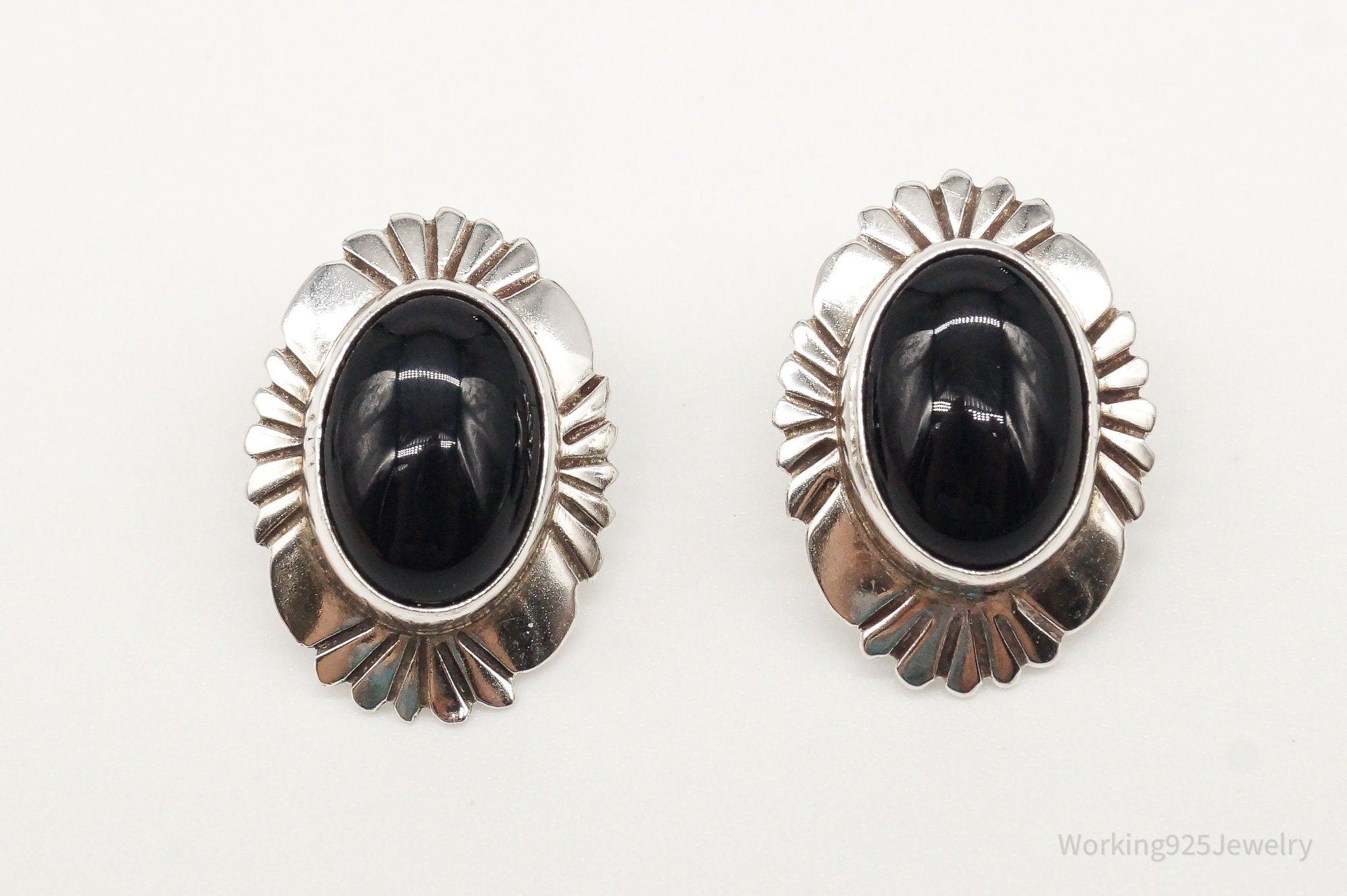 Vintage Native American EB Black Onyx Sterling Silver Earrings