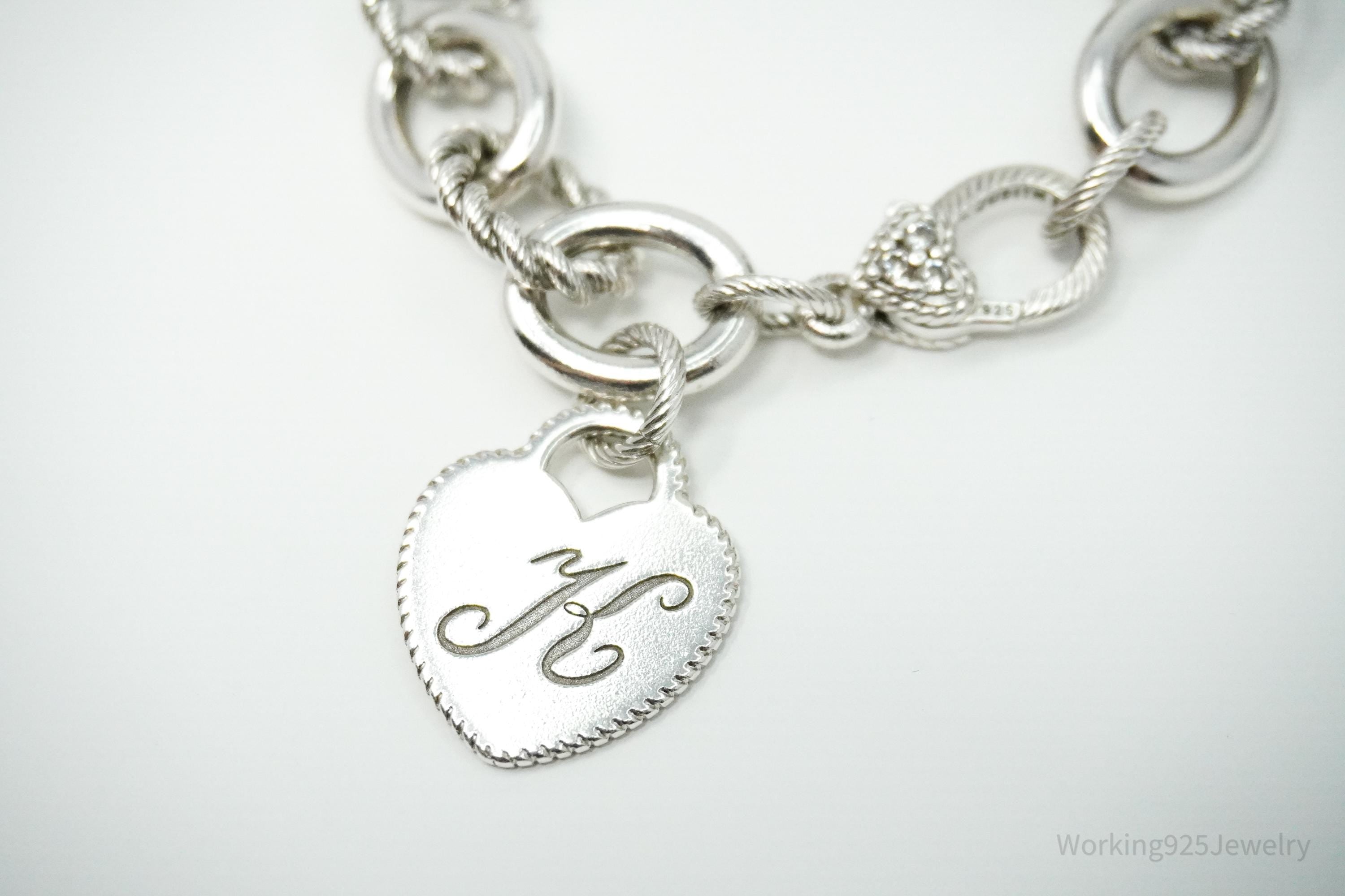 VTG Designer Judith Ripka Cubic Zirconia K Heart Tag Sterling Silver Bracelet 7 5/8"