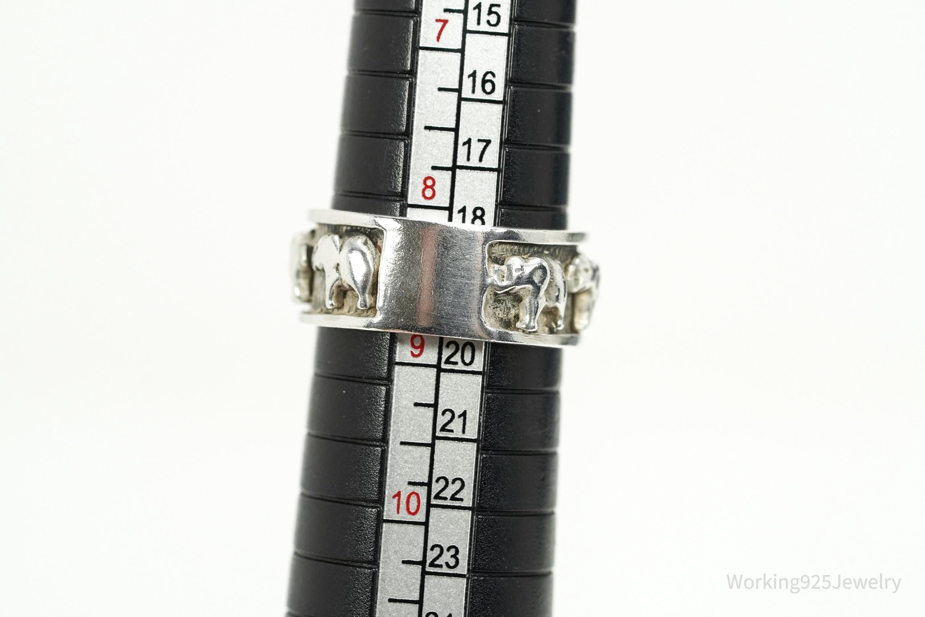 Vintage Elephants Sterling Silver Band Ring - Size 8.75