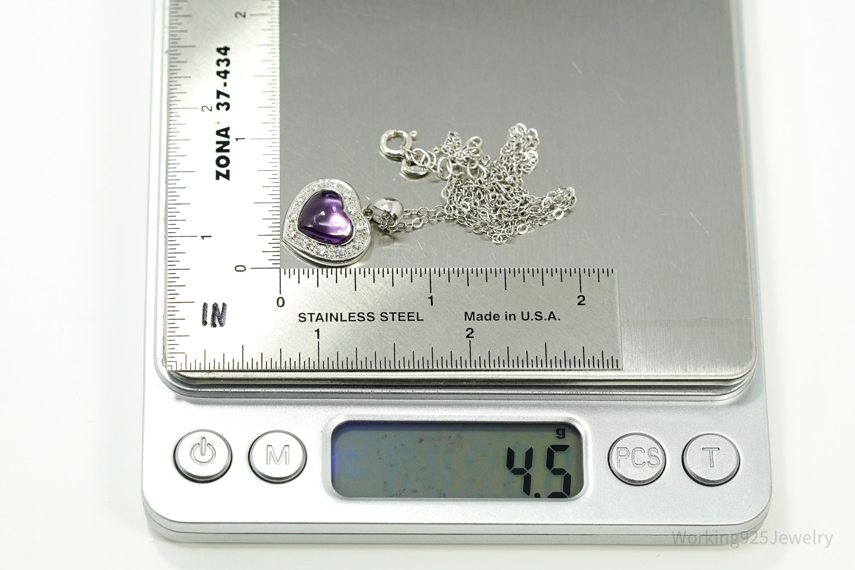 Vintage Amethyst & Cubic Zirconia Sterling Silver Heart Chain Necklace 20"