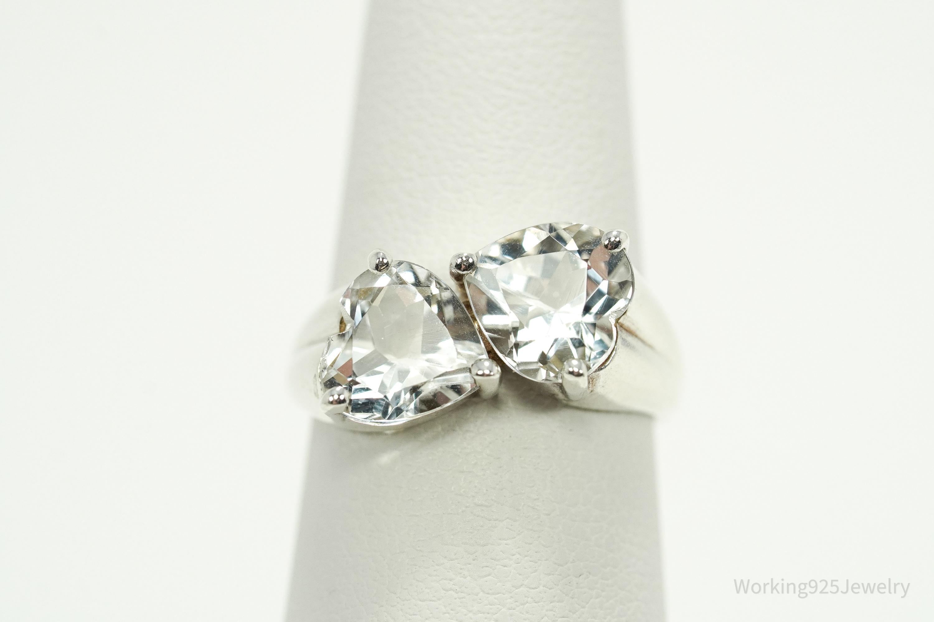 Vintage White Topaz Linked Hearts Sterling Silver Ring - Size 6