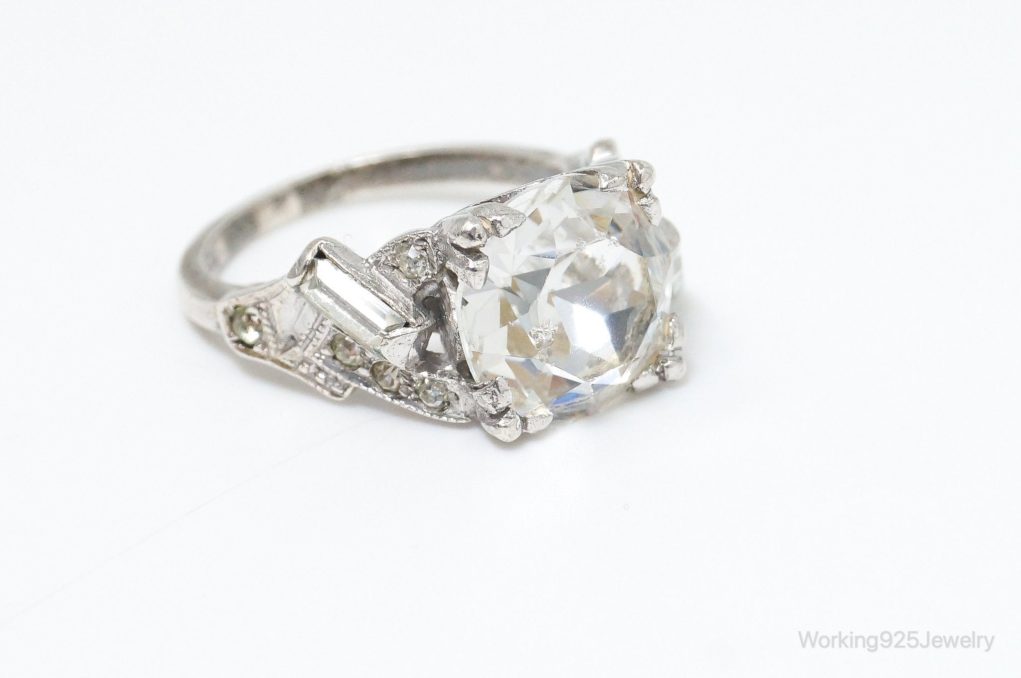 Antique Victorian Rhinestone Sterling Silver Ring - SZ 6.5