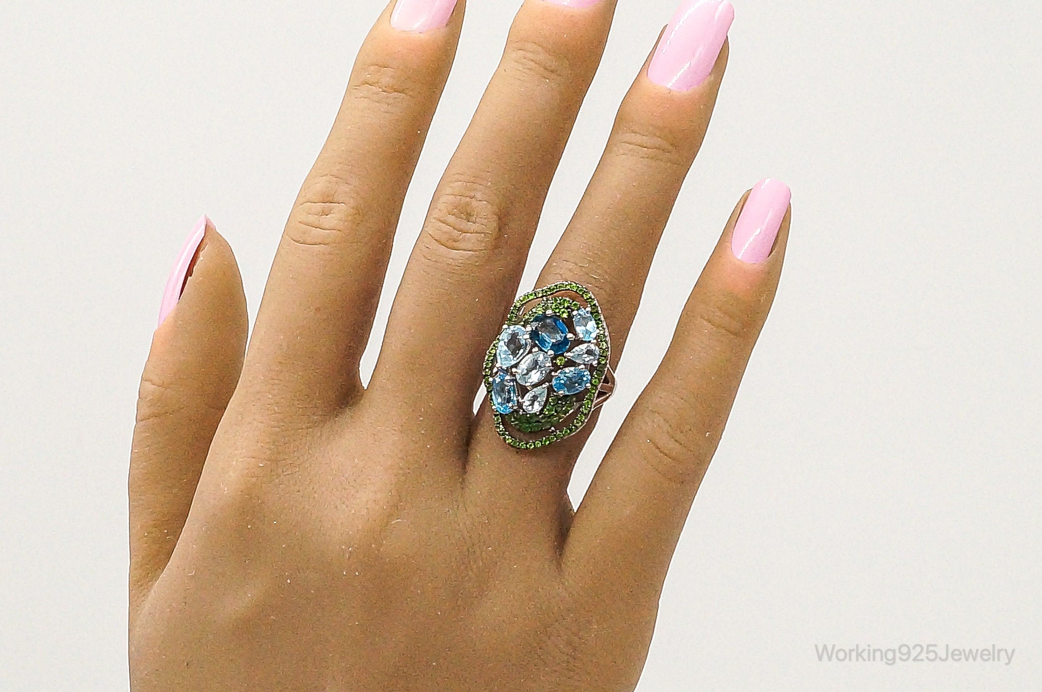 Designer PJM Blue Topaz Aquamarine Peridot Sterling Silver Ring - Size 6.25