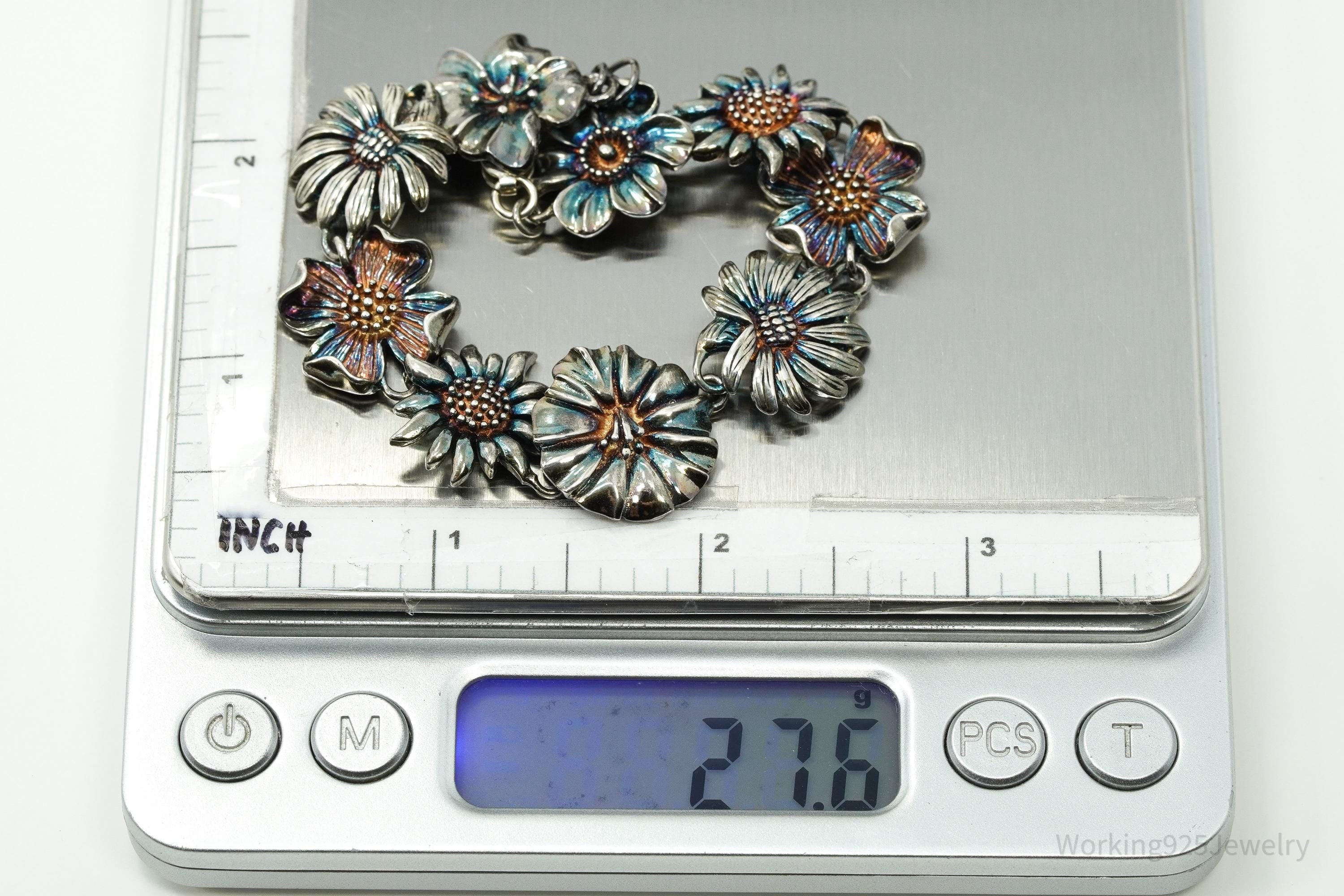 Vintage Flowers Sterling Silver Bracelet 7.5"