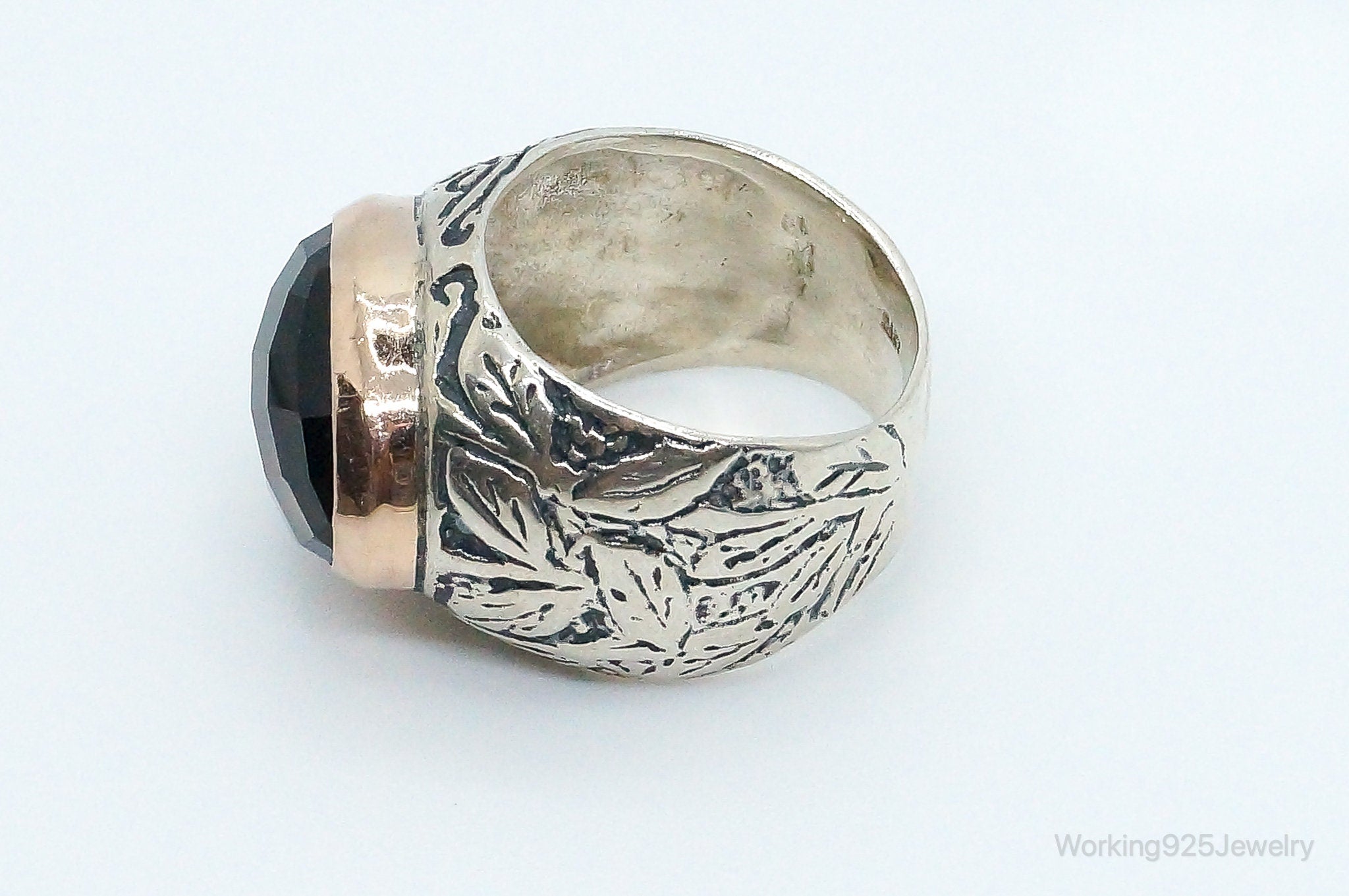 Vintage Large Smoky Topaz 14K Gold Sterling Silver Ring - Size 7.25