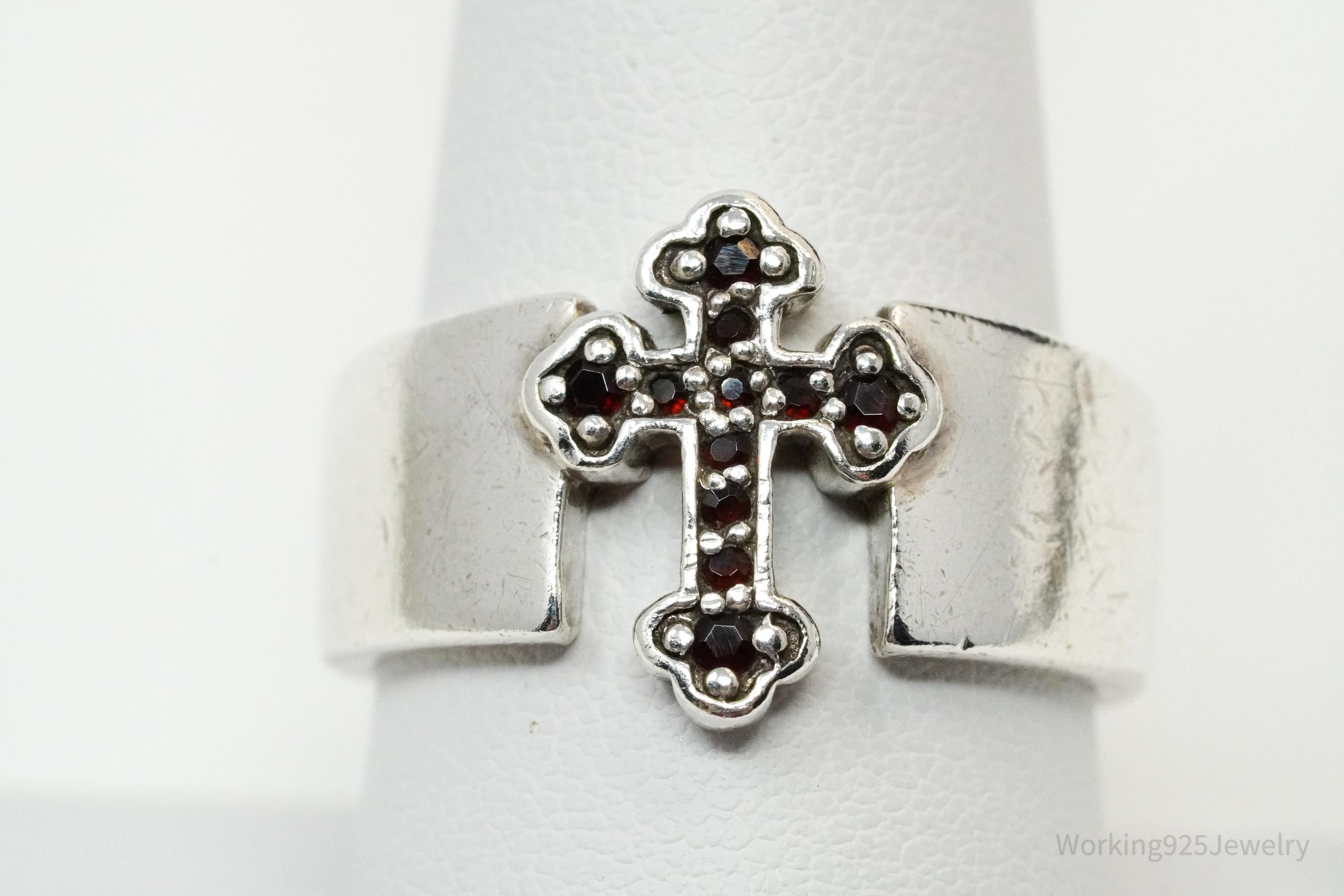 Vintage Garnet Cross Sterling Silver Ring - Size 9