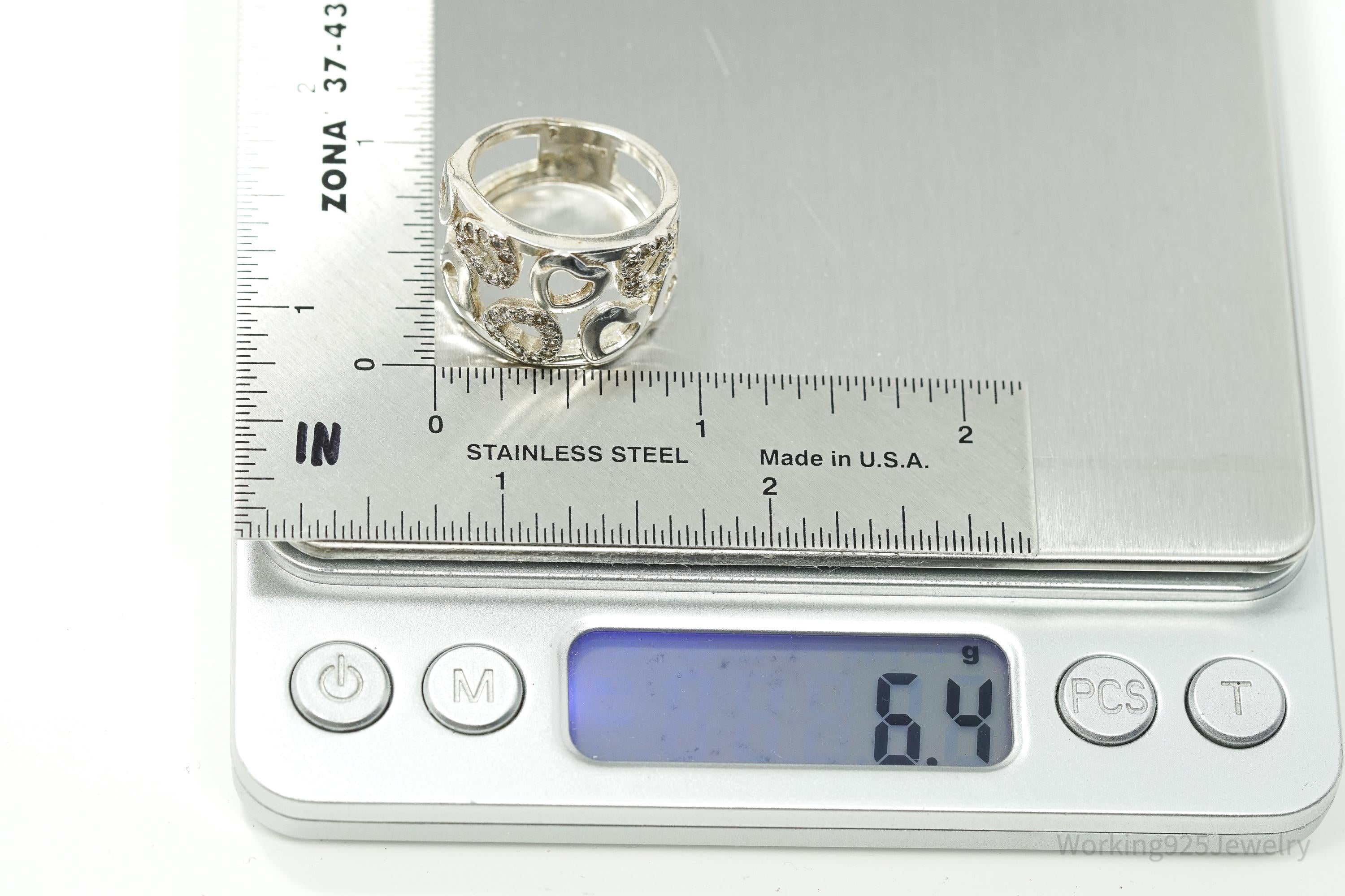 Vintage Cubic Zirconia Hearts Sterling Silver Ring - Size 8.5