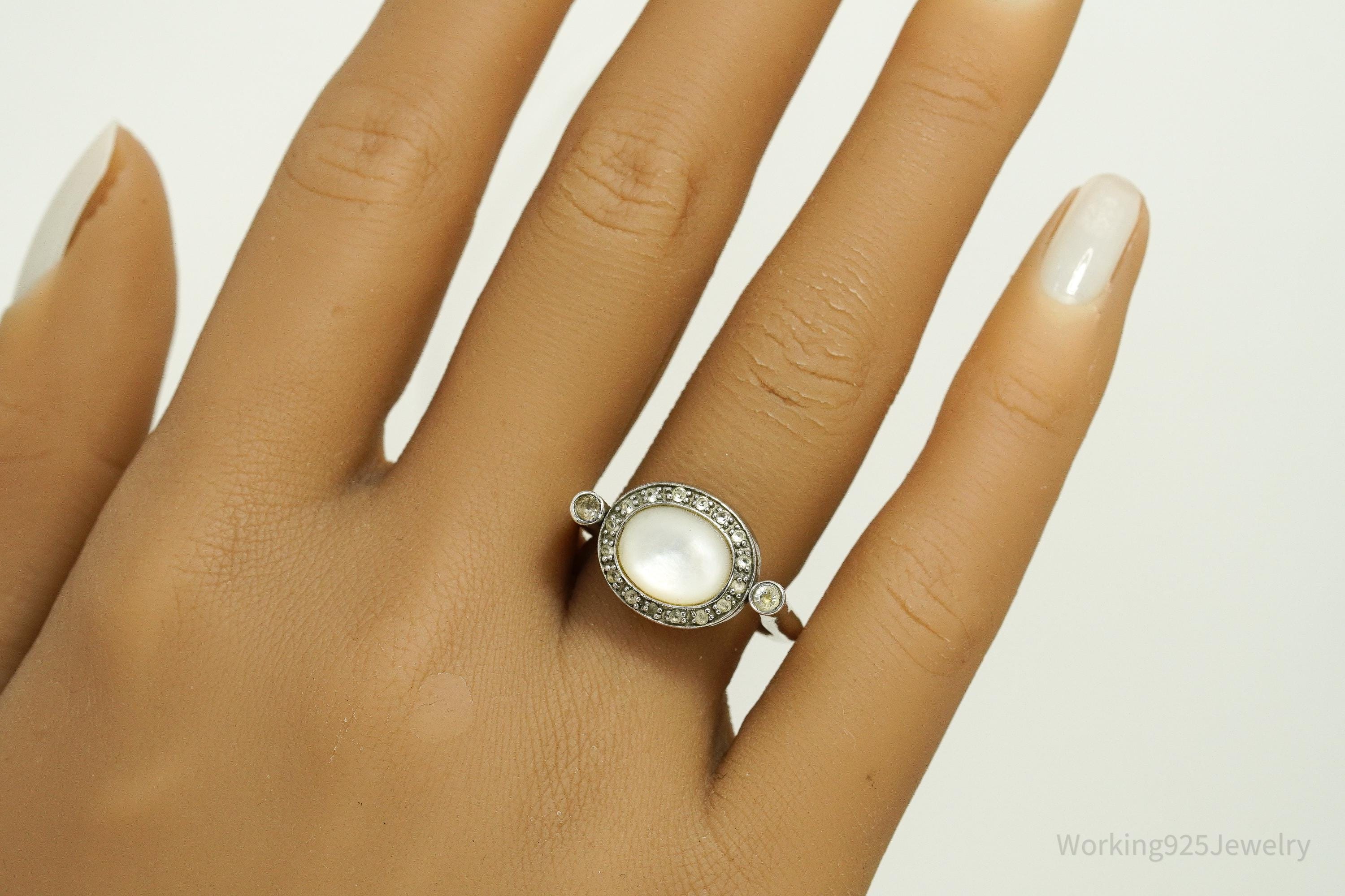 Vintage White Moonstone, Mother Of Pearl, & White Topaz Sterling Silver Ring - Size 8.25
