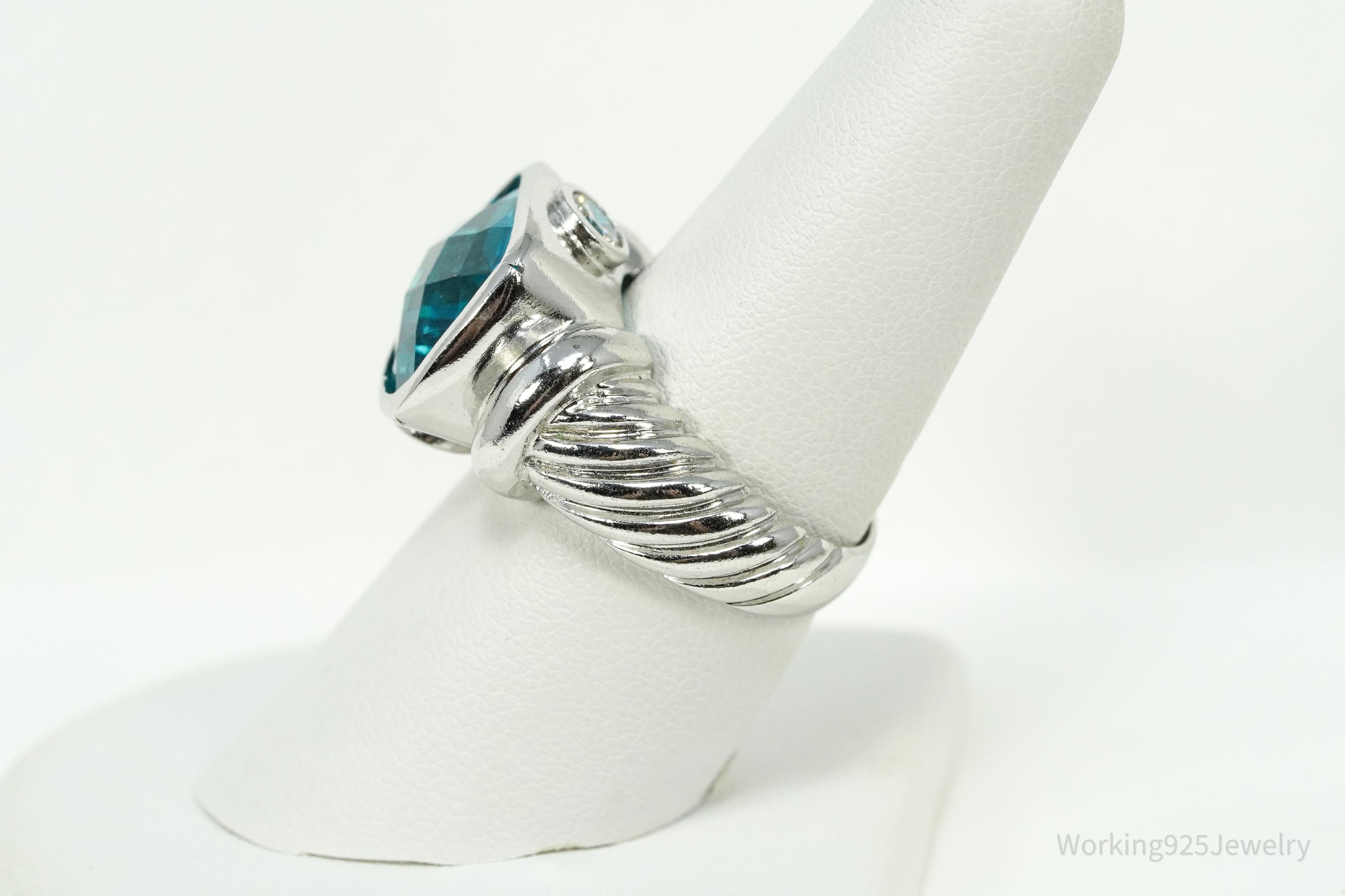 Vintage Blue And White Cubic Zirconia Sterling Silver Ring - Size 8.5