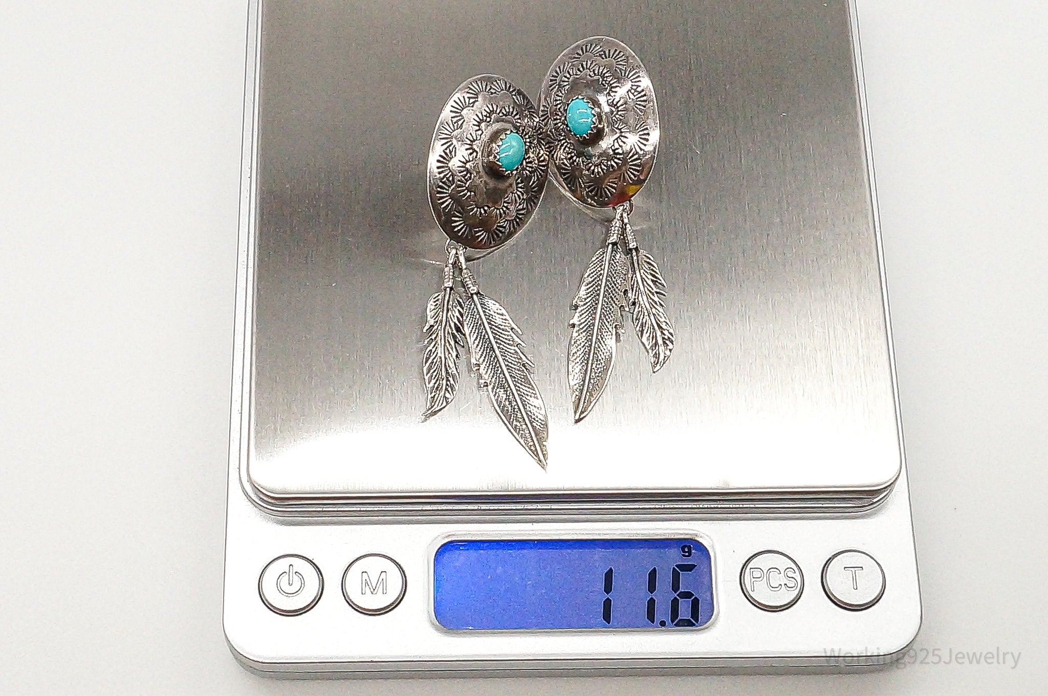 Vintage Native American Turquoise Feather Sterling Silver Earrings