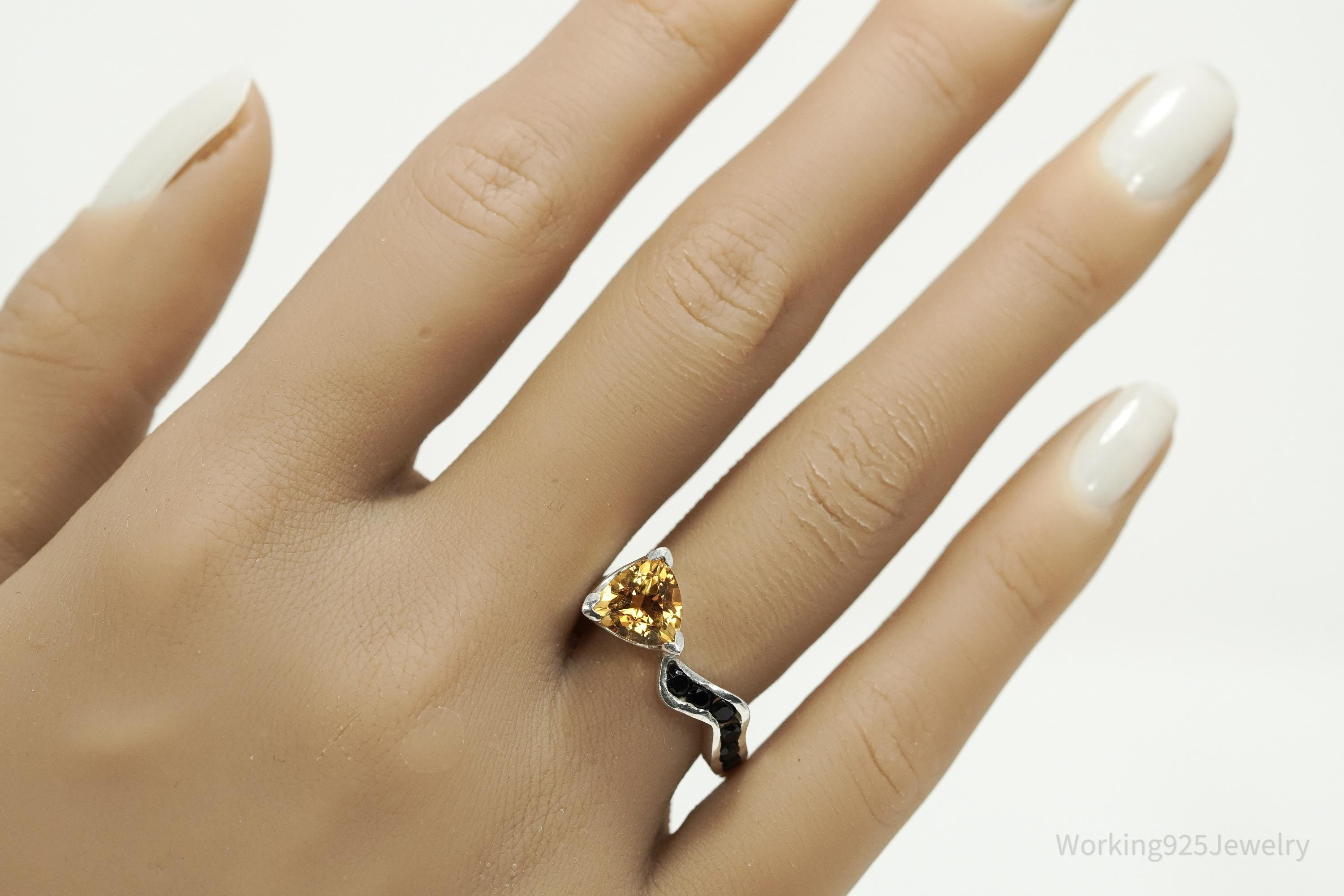 Rare Designer Donald Pekarek Citrine & Black Spinel Sterling Silver Ring - Size 8