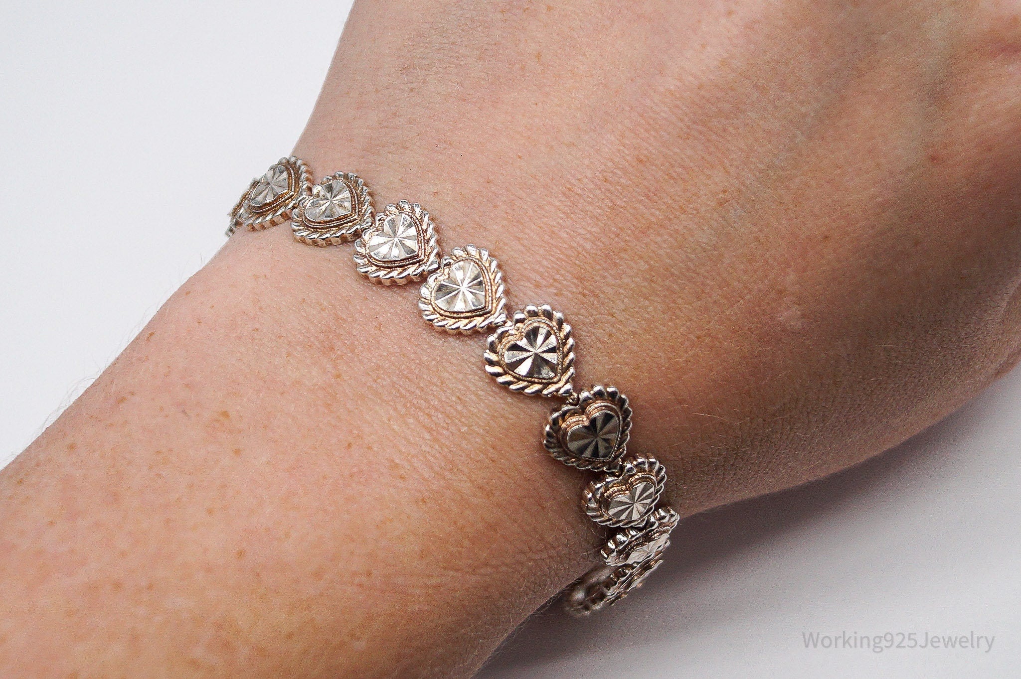 Vintage Designer Beverly Hills Silver Hearts Sterling Silver Bracelet 7 5/8"