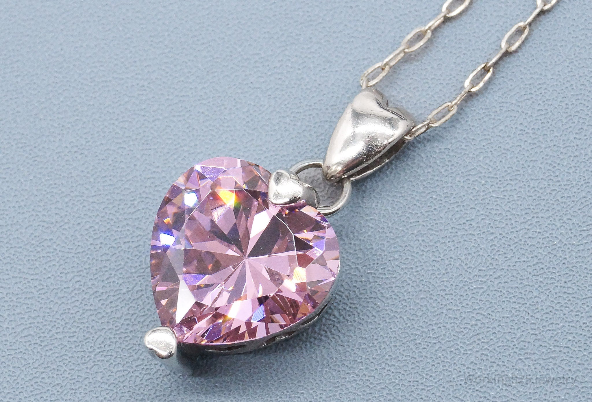 Vintage Pink Cubic Zirconia Heart Sterling Silver Necklace 20"