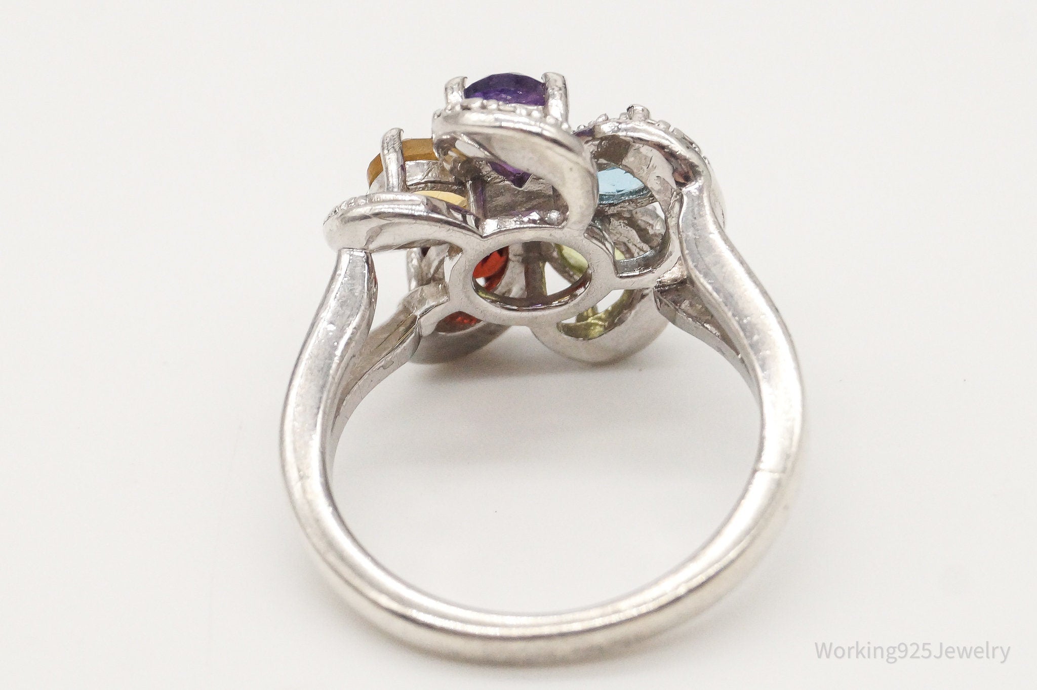 Vintage Multi Gemstone Flower Sterling Silver Ring - Size 6.75