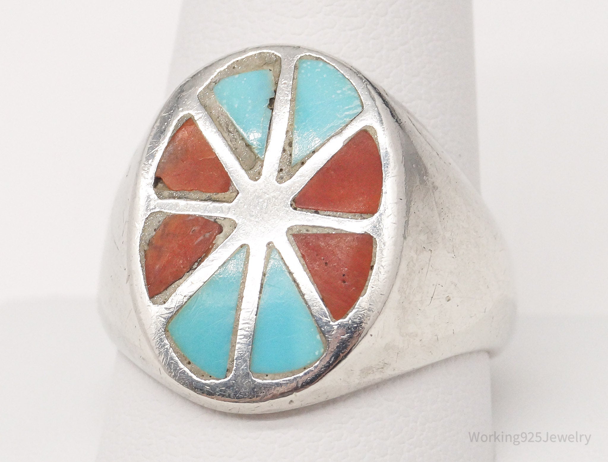 Vintage Native American Turquoise Coral Inlay Silver Ring - Size 11