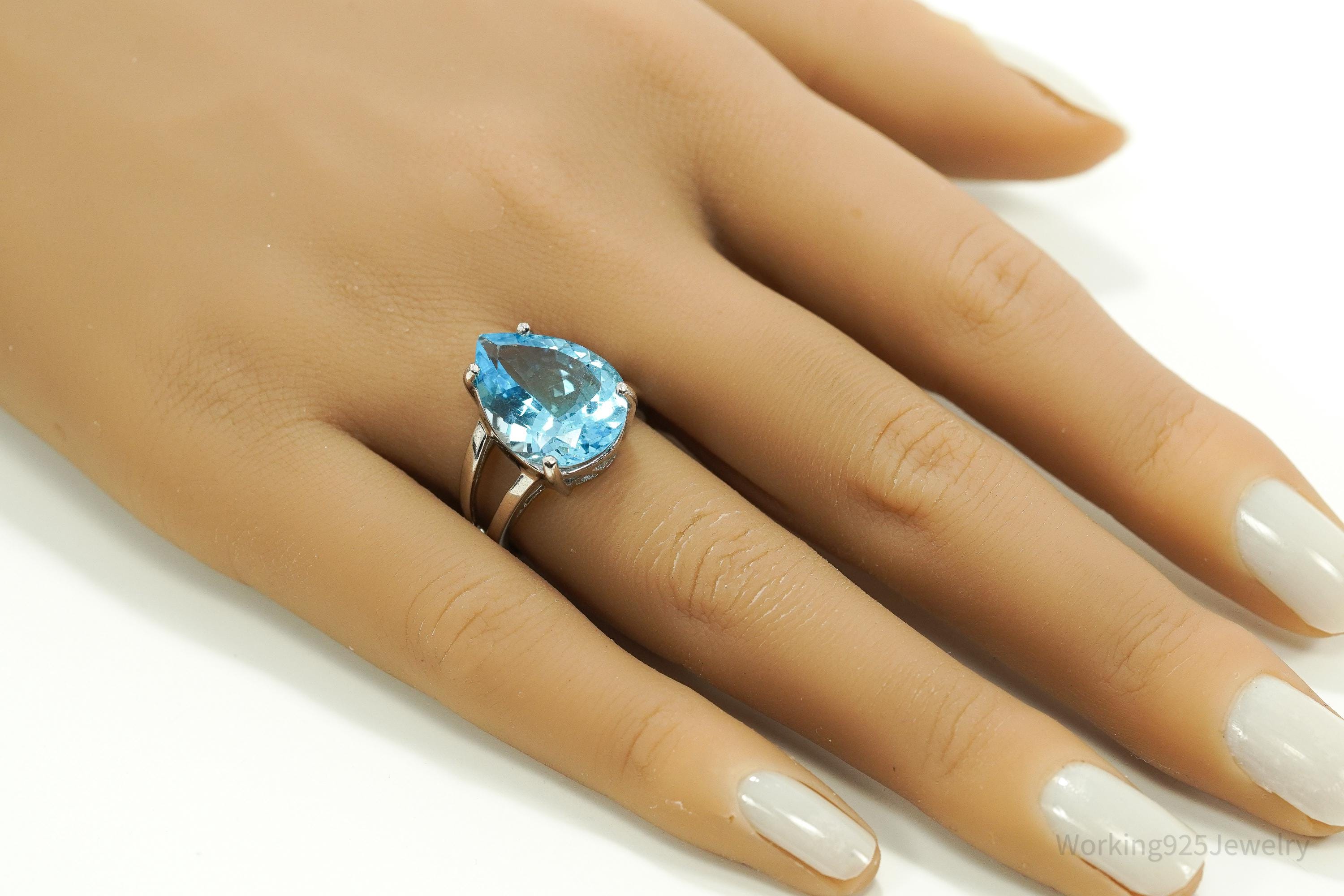 Vintage Large Blue Topaz Sterling Silver Ring - Size 7