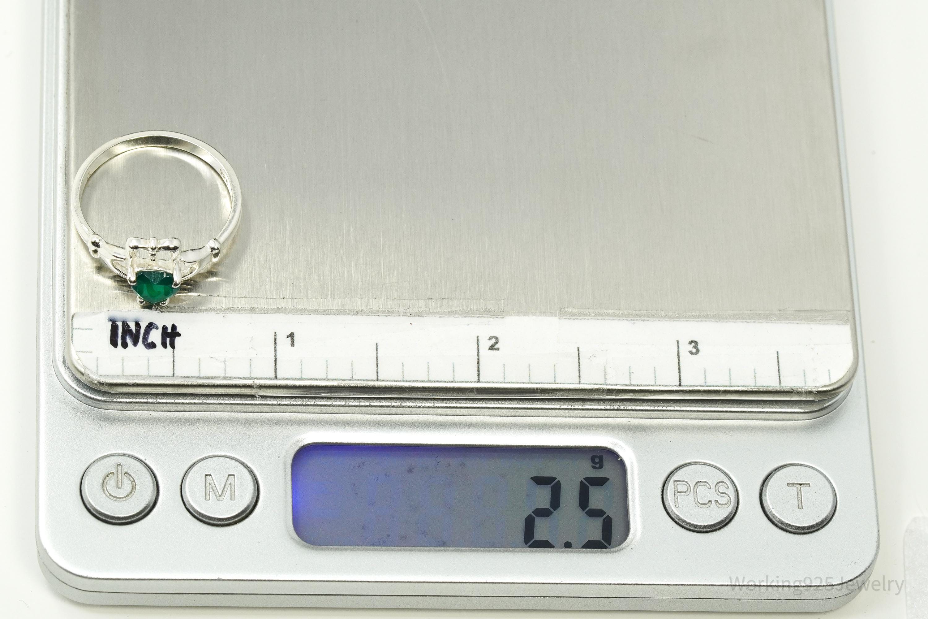 Vintage Green Onyx Heart Claddagh Sterling Silver Ring - Size 9