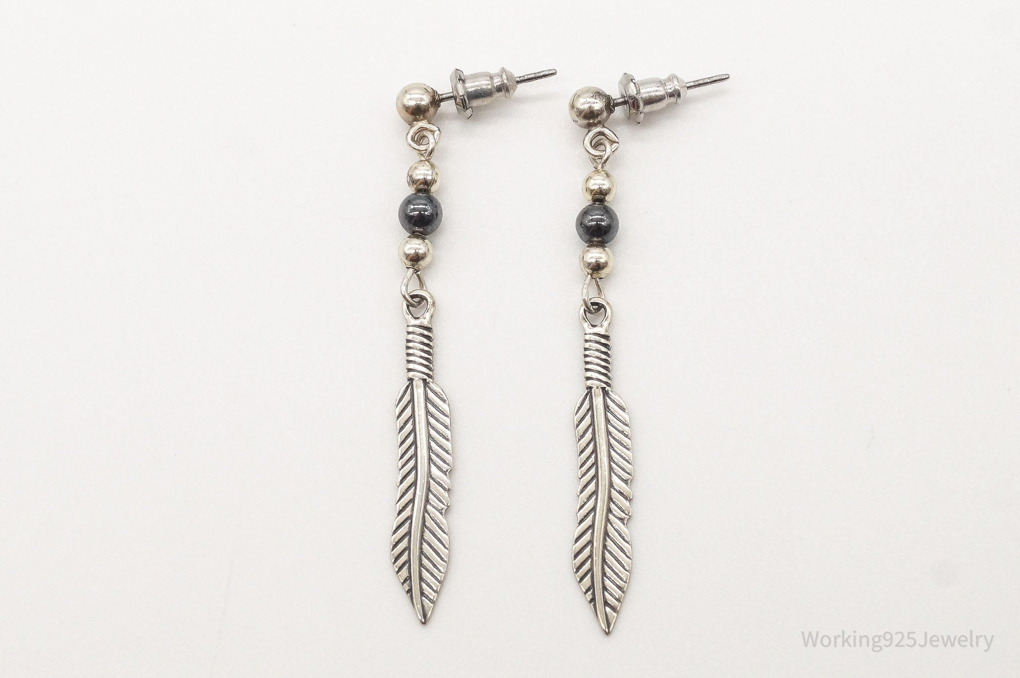 Vintage WM Co Hematite Feather Sterling Silver Earrings