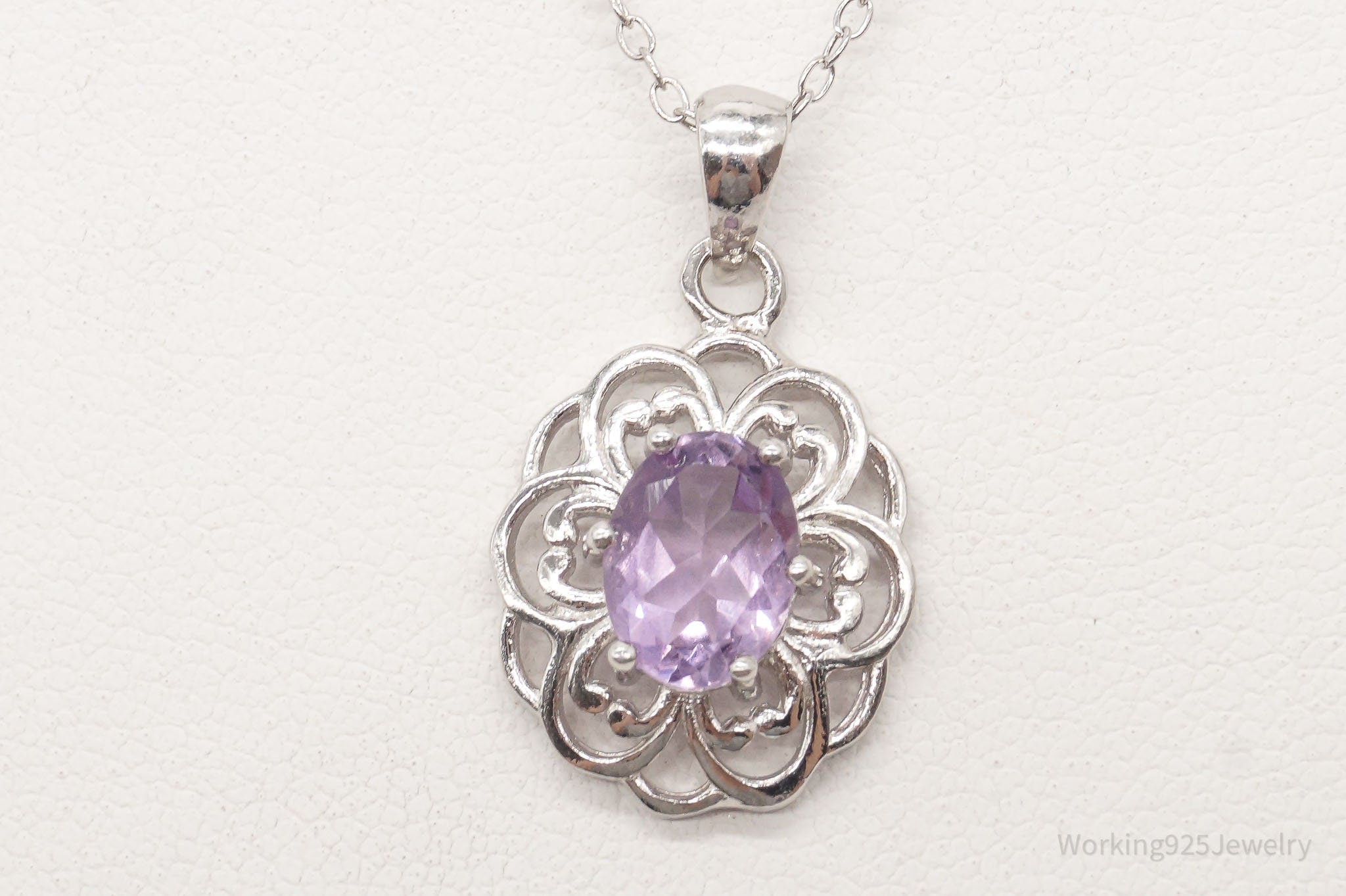 Vintage FAS Amethyst Flower Sterling Silver Chain Necklace