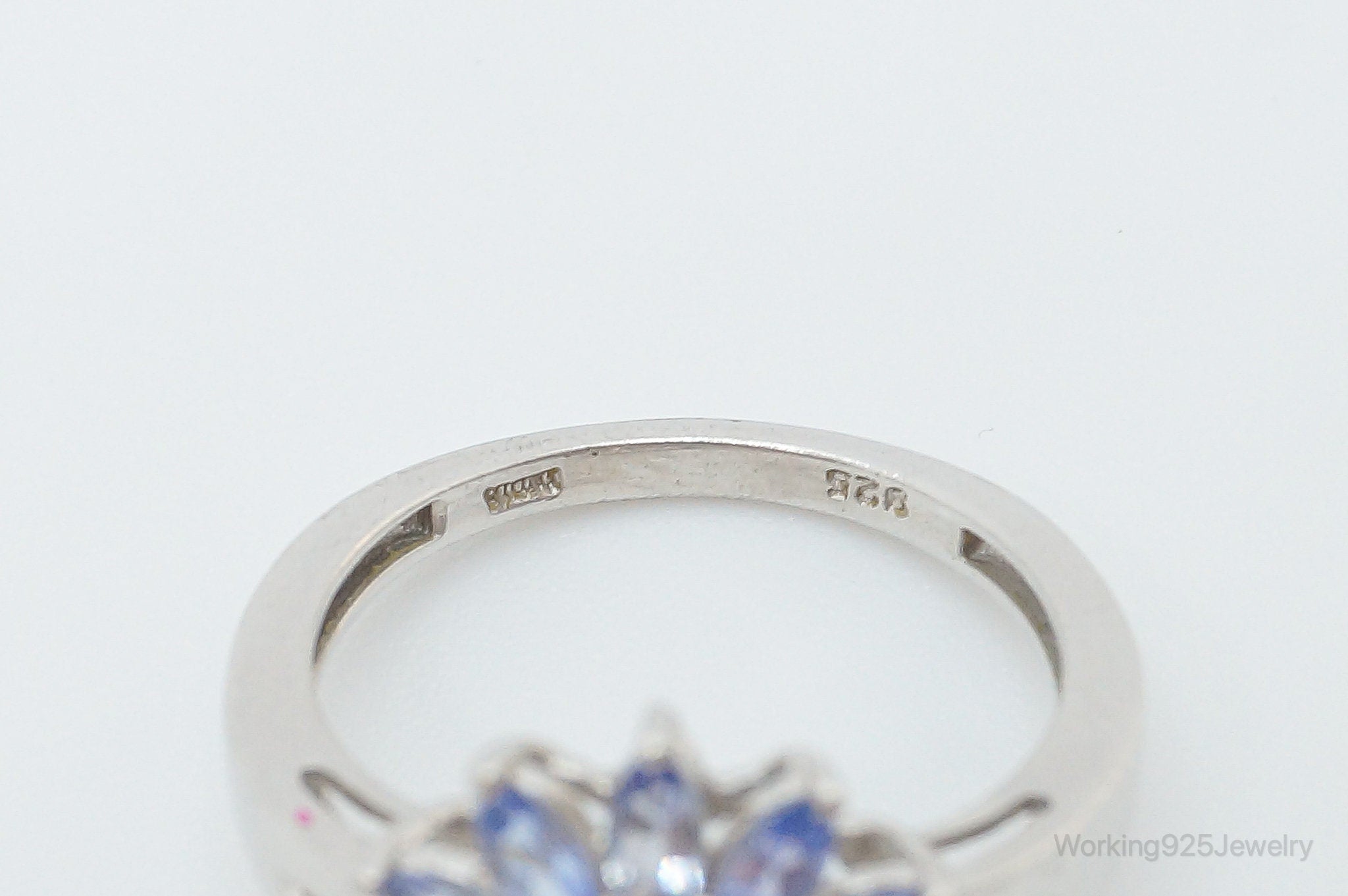 Vintage Iolite Cubic Zirconia Flower Sterling Silver Ring - Size 6.25