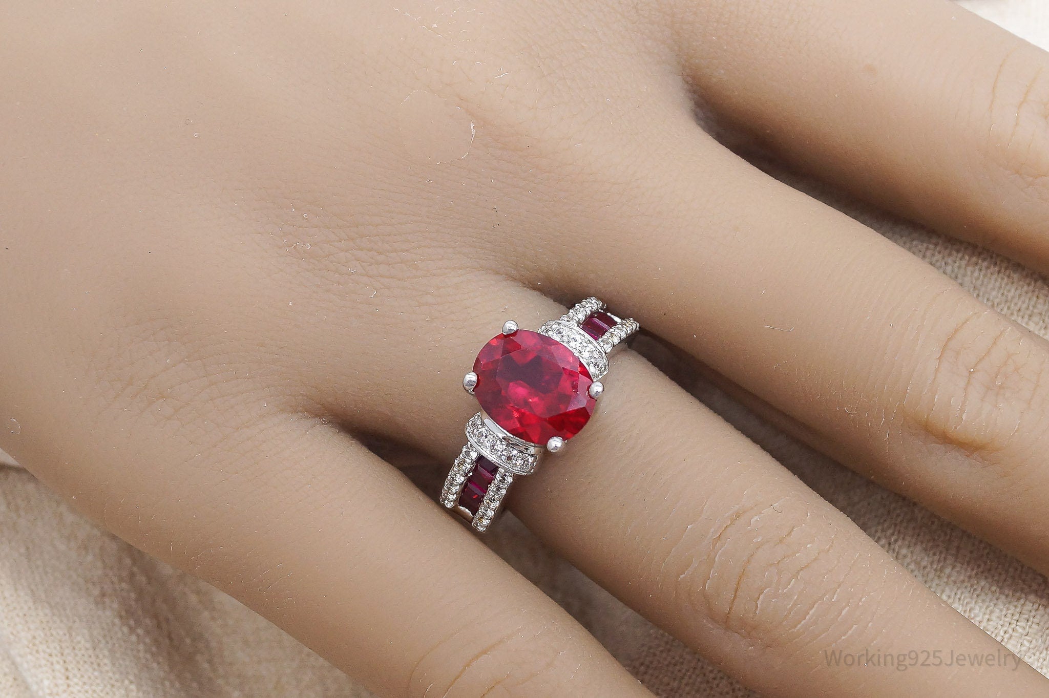 Vintage SUN Lab Ruby & White Topaz Sterling Silver Ring - Size 7.25