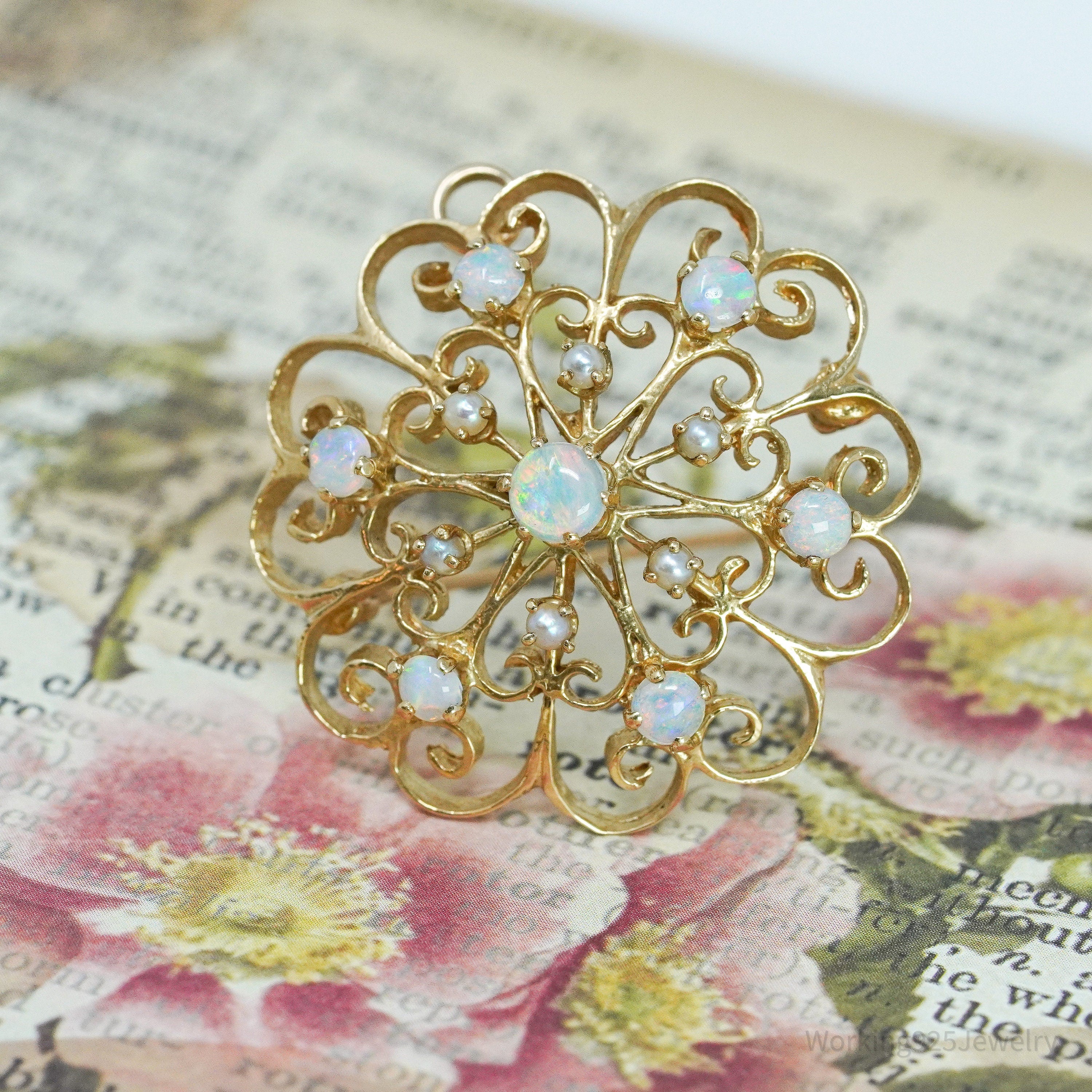 Antique 14K Yellow Gold Opal & Pearl Brooch Pin Pendant