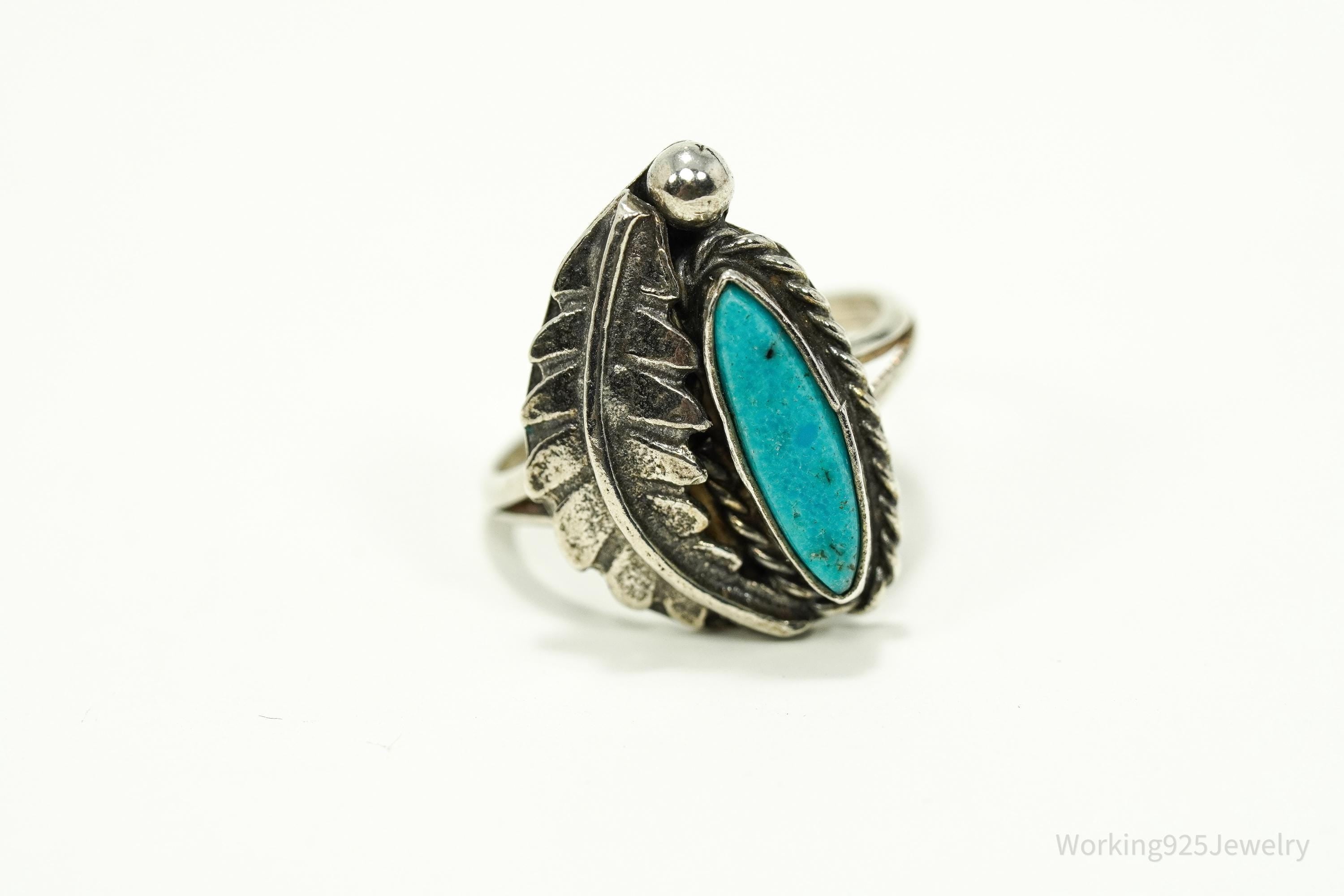 Vintage Handmade Native American Turquoise Unsigned Silver Ring - Size 5.75