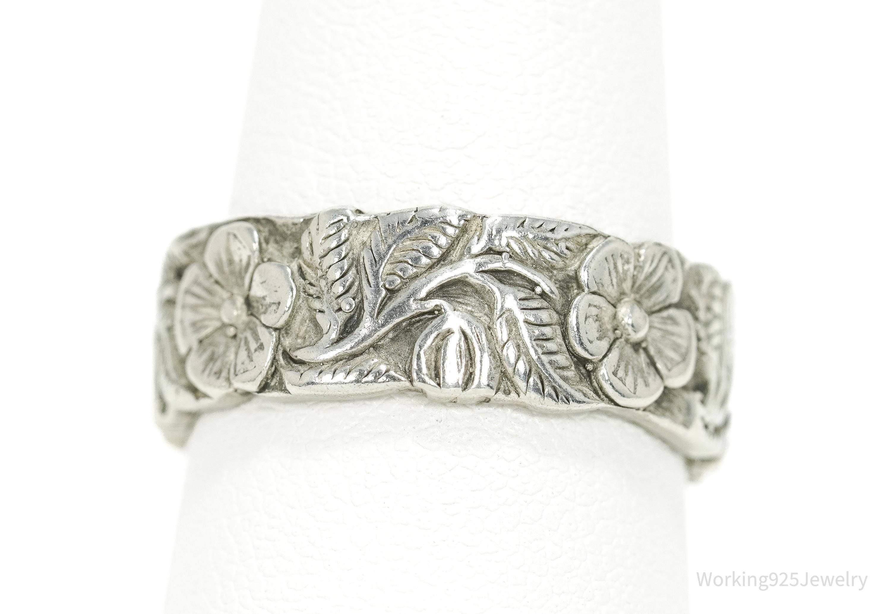 Vintage Floral Flowers Vines Sterling Silver Band Ring - Size 8
