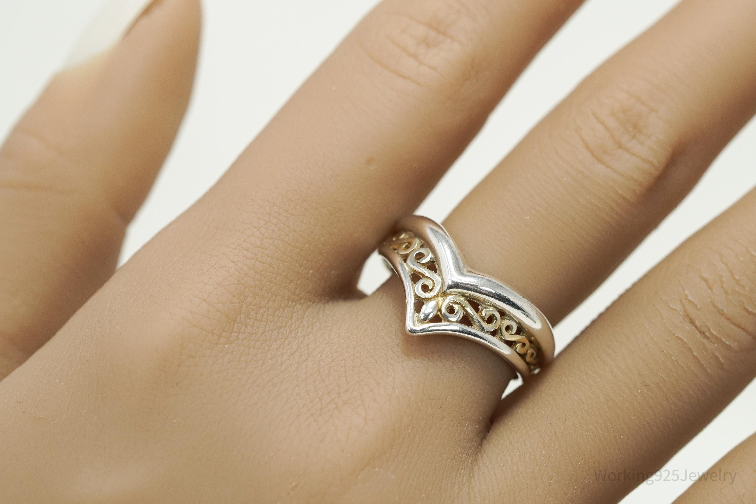 Vintage Gold Washed Scrolls Sterling Silver Ring - Size 10