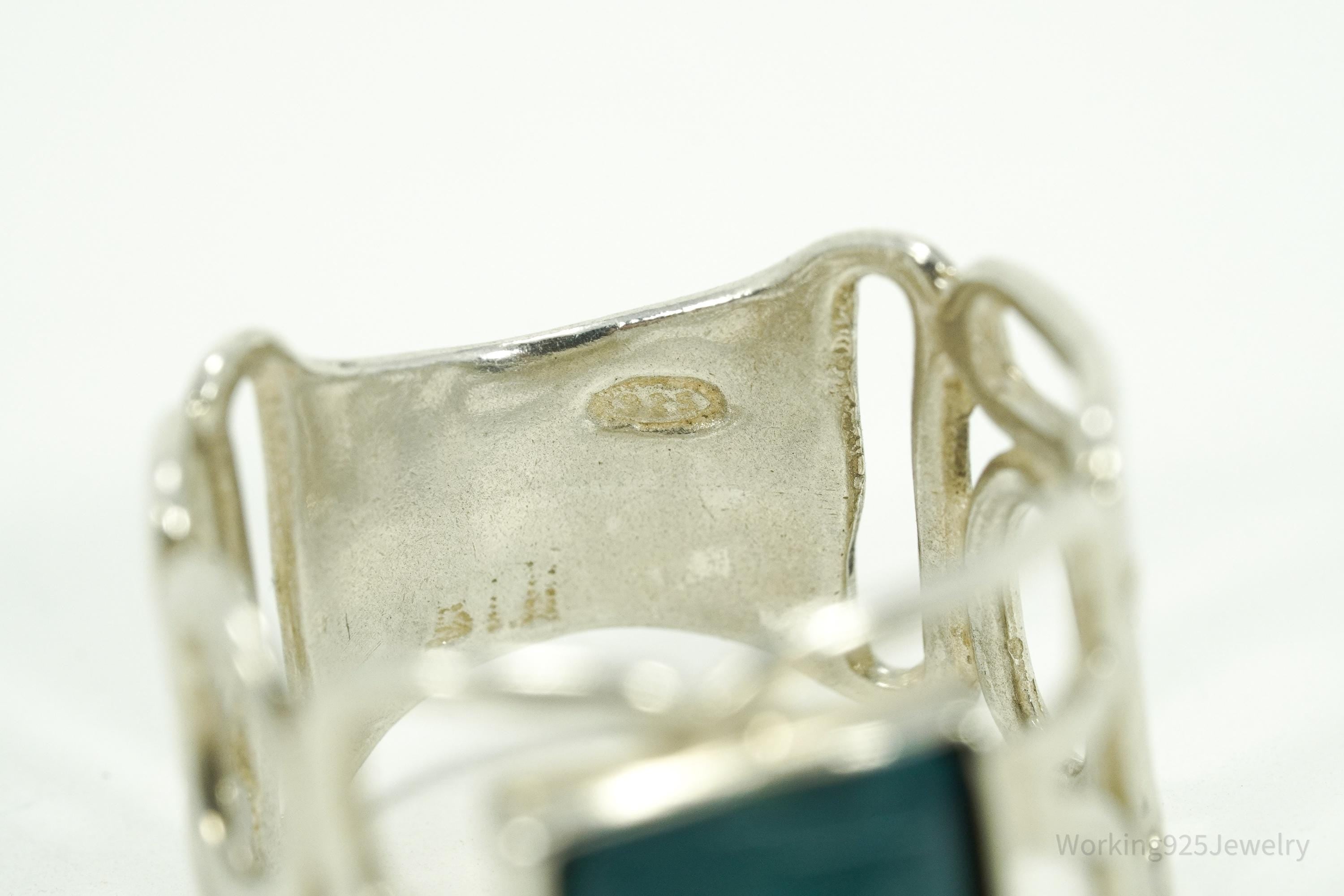 Vintage Teal Chalcedony Modernist Style Sterling Silver Ring - Size 6.75