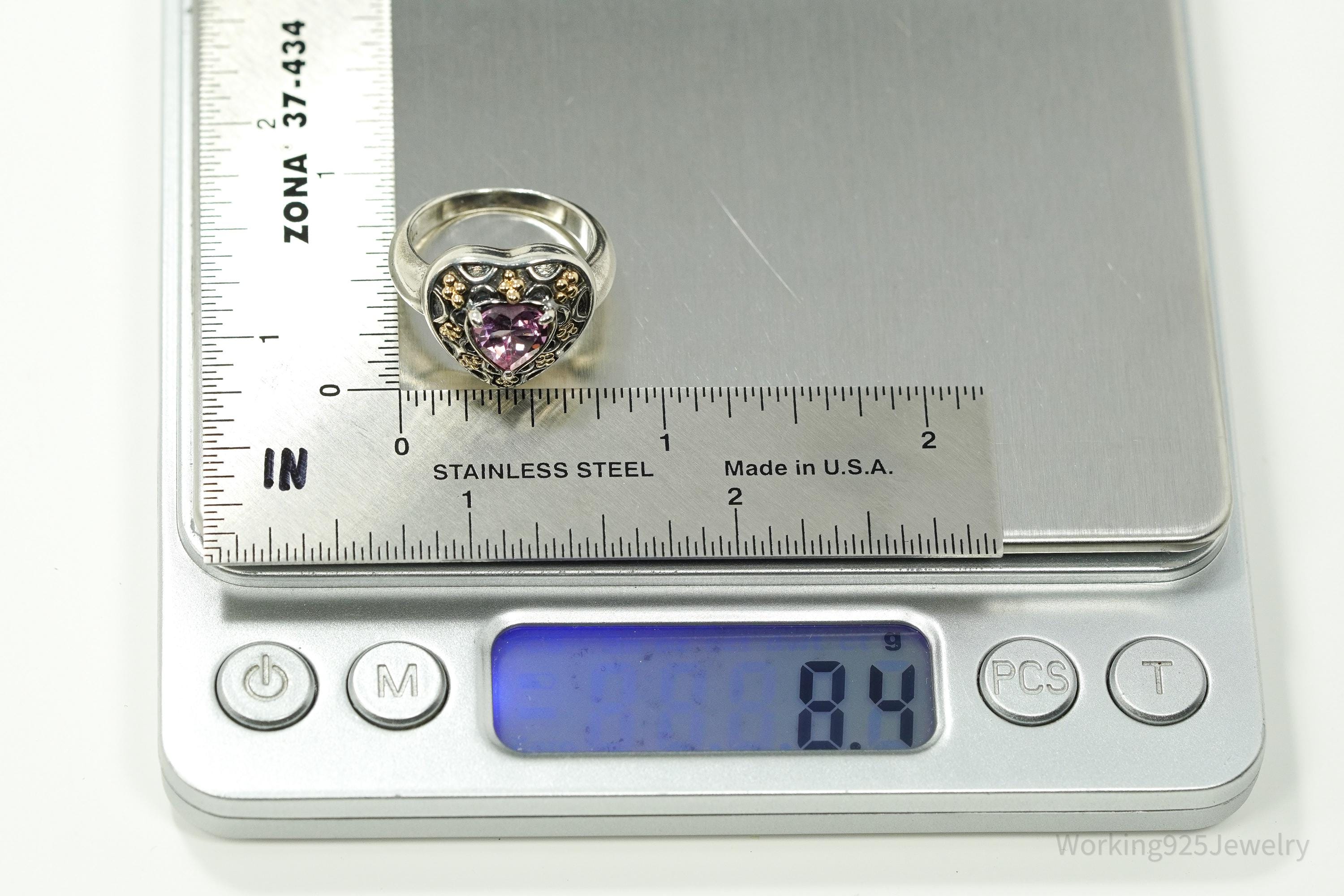 Vintage SLV Pink Topaz 14K Yellow Gold Sterling Silver Ring - Size 7