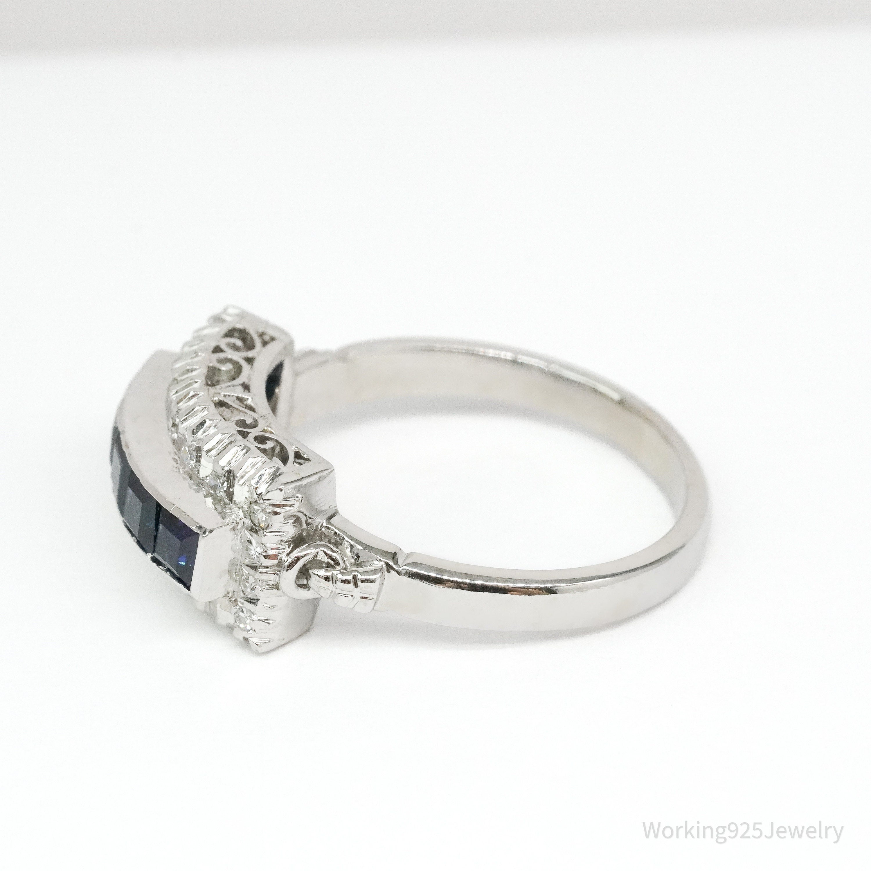 Art Deco Palladium 18K White Gold, Diamonds and Sapphires Ring Size - 8.75