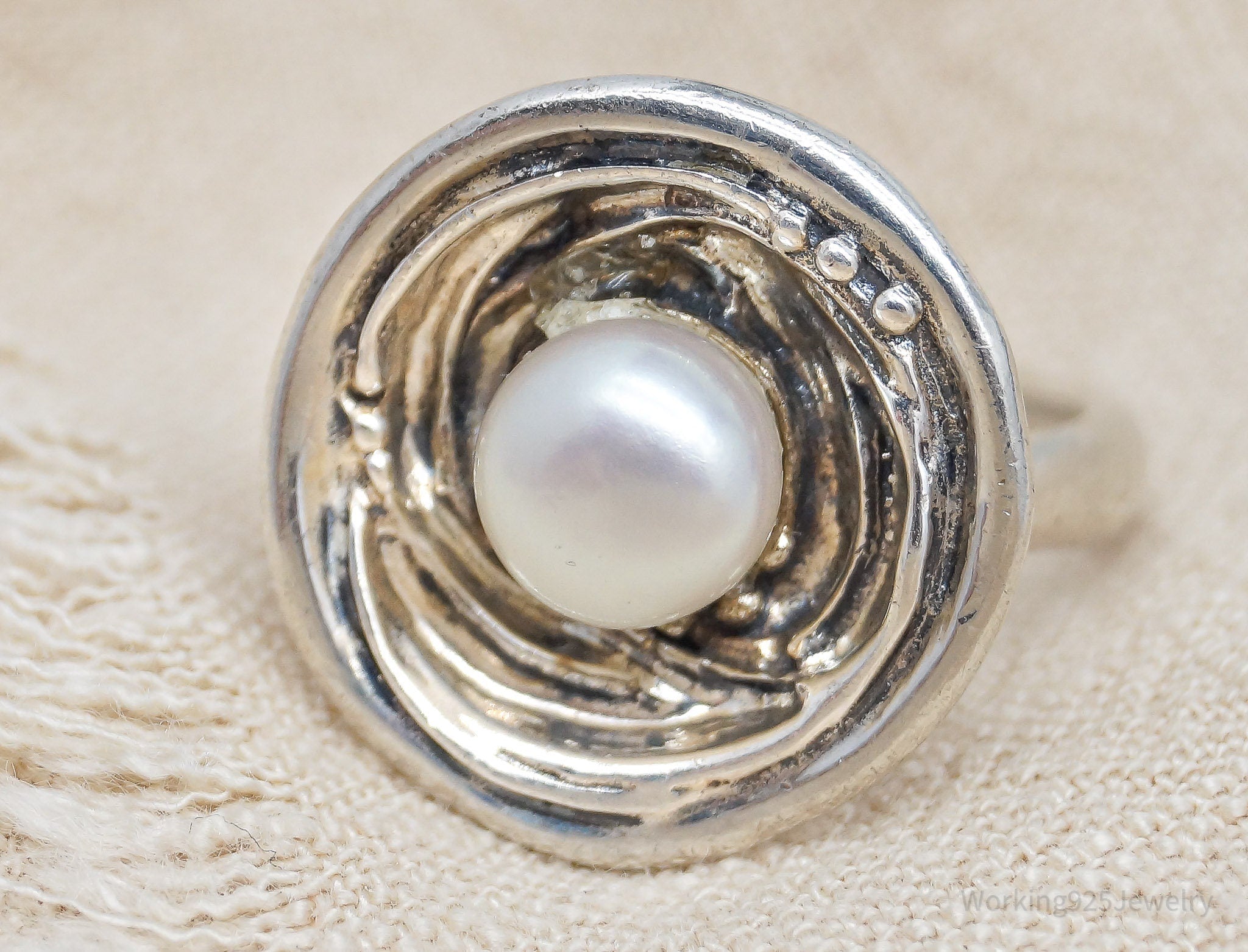 Vintage Designer White Pearl Modernist Sterling Silver Ring - Size 8