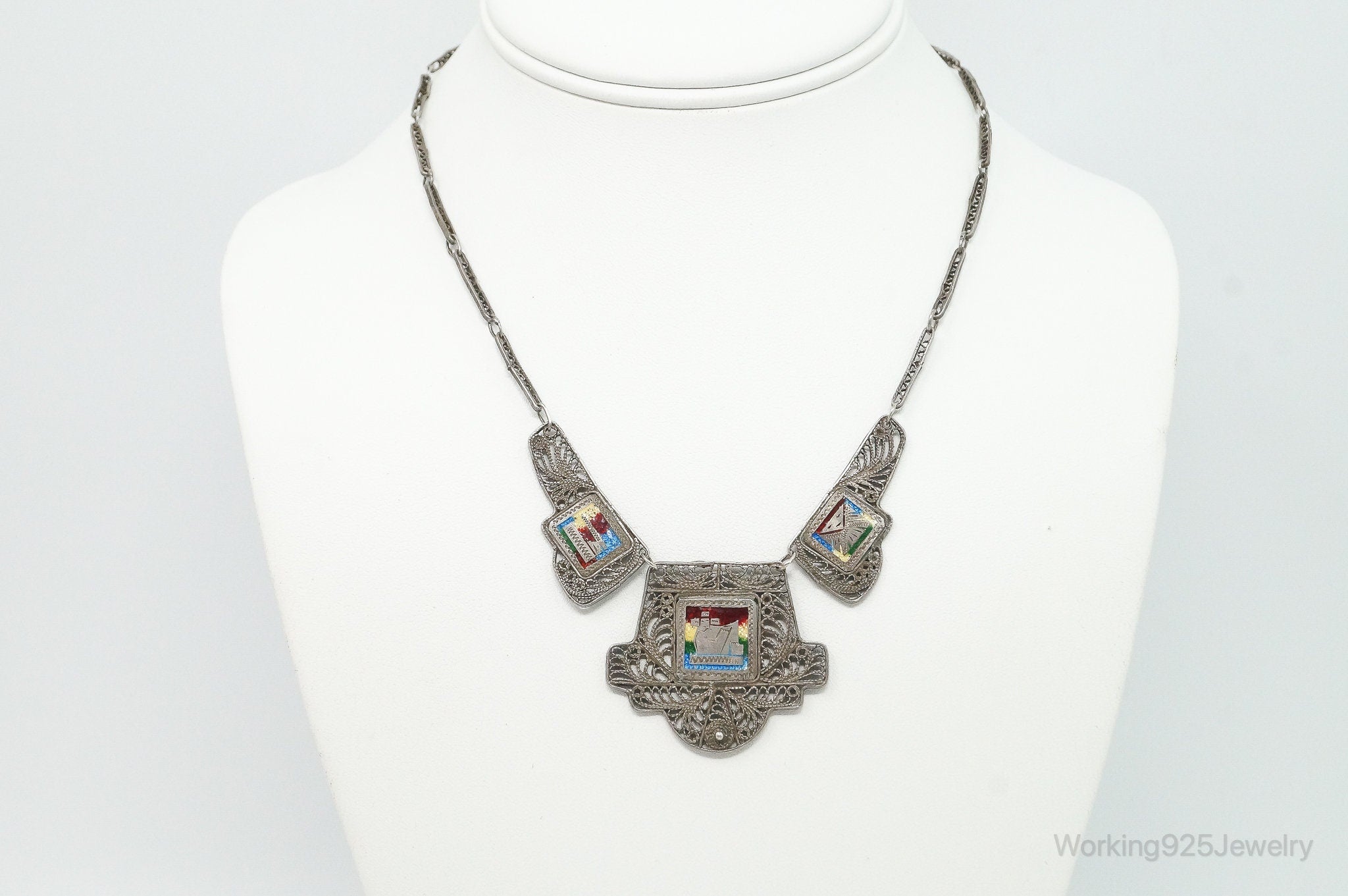 Vintage Enamel Filigree Sterling Silver Necklace