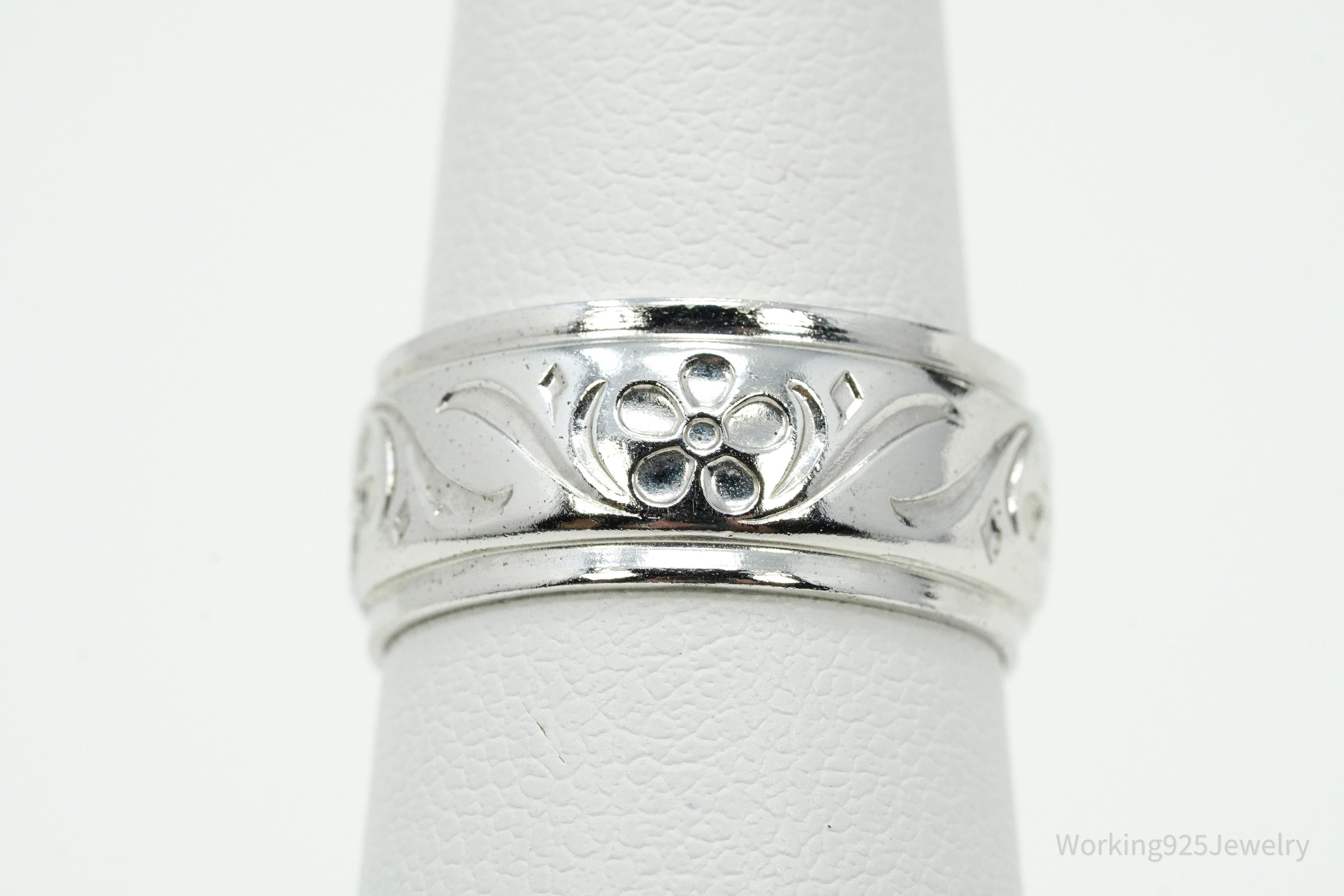 Antique Uncas Mfg. Co. Flowers Sterling Silver Band Ring - Size 5