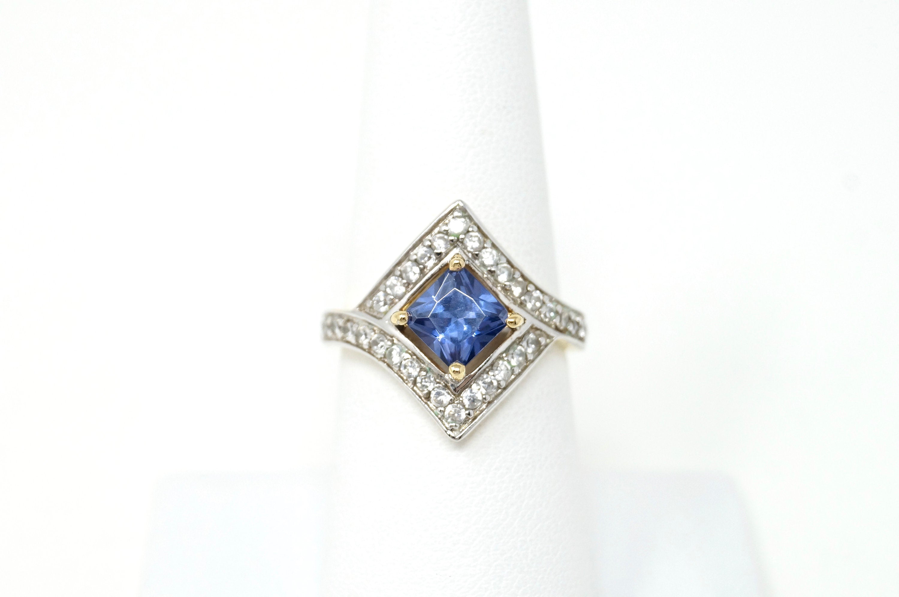 Vintage RP Blue Crystal Gold Wash Statement Sterling Silver Ring - Size 7