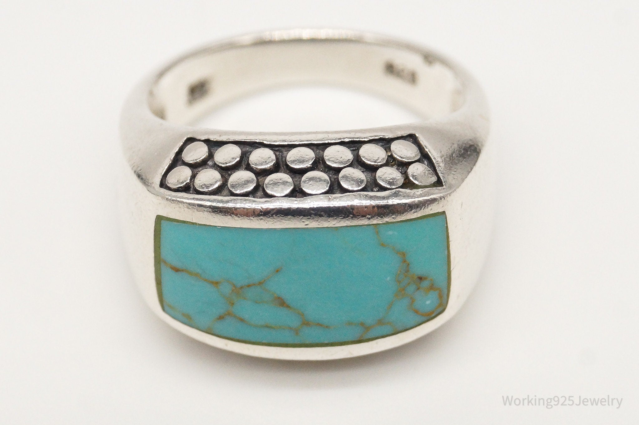 Vintage Large Turquoise Bali Inspired Sterling Silver Ring - Size 5.75