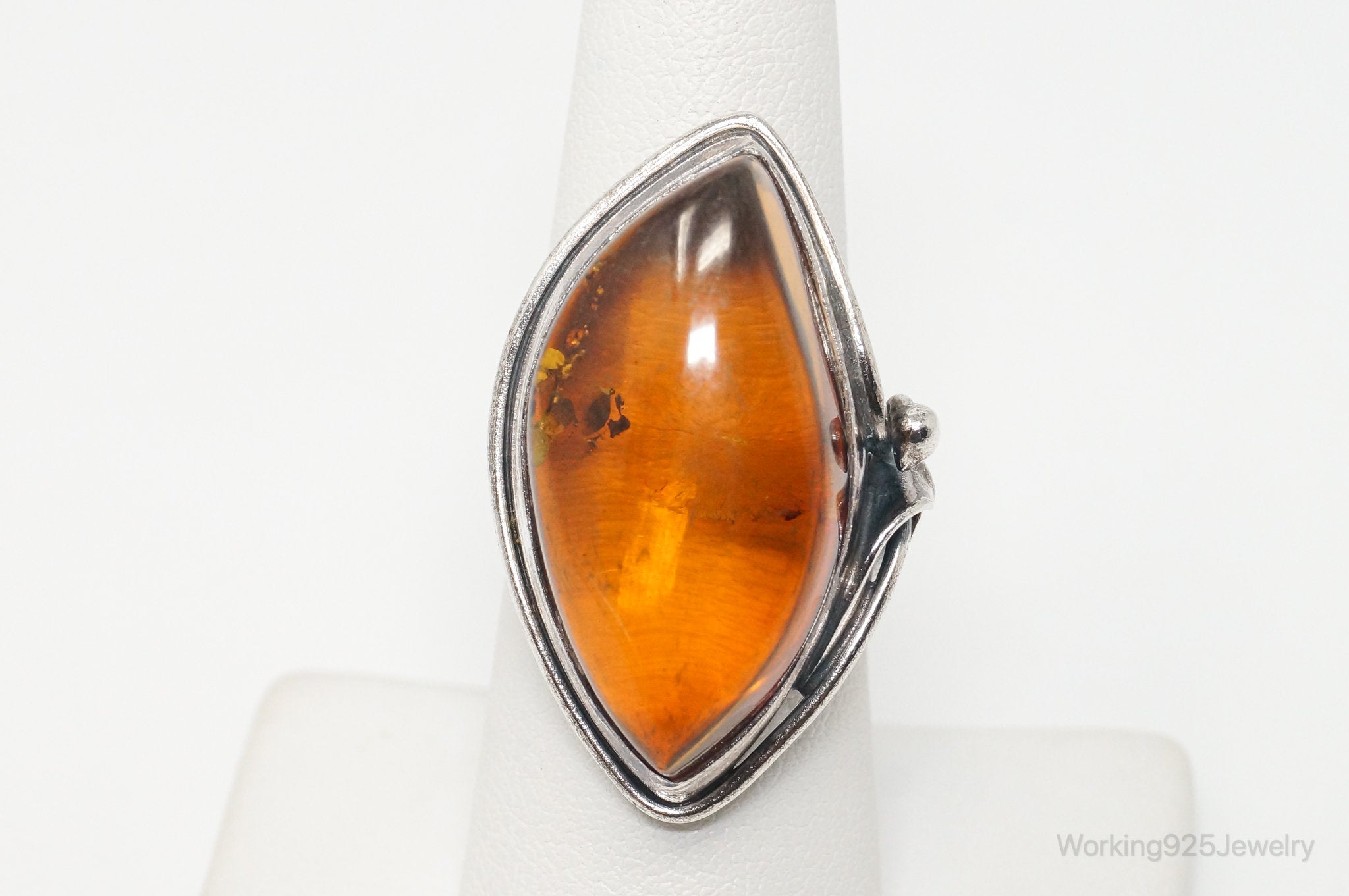 Vintage Large Honey Baltic Amber Sterling Silver Ring Size 6.75