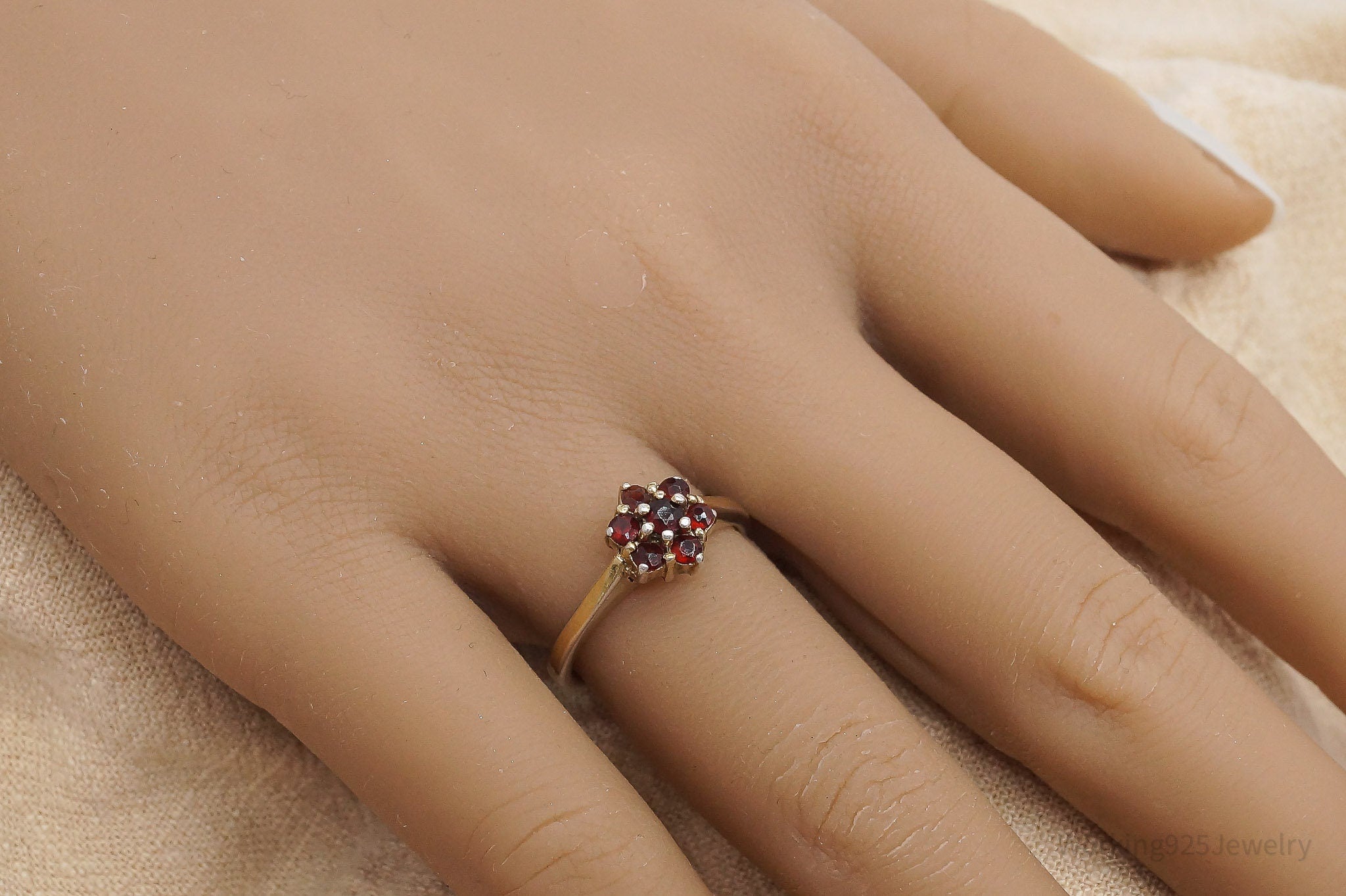 Vintage Bohemian Garnet Flower Gold Wash Sterling Silver Ring - Size 6.75