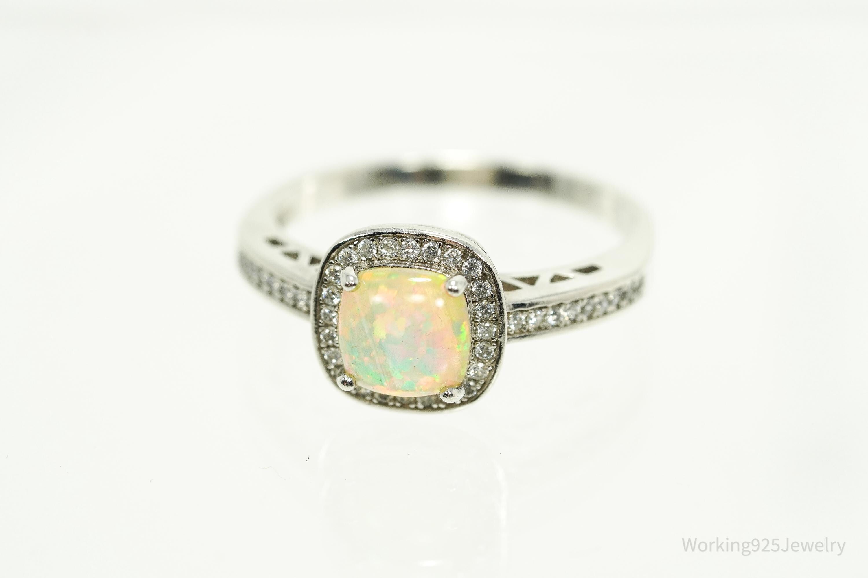 Vintage Opal & Cubic Zirconia Silver Ring - Size 9.25