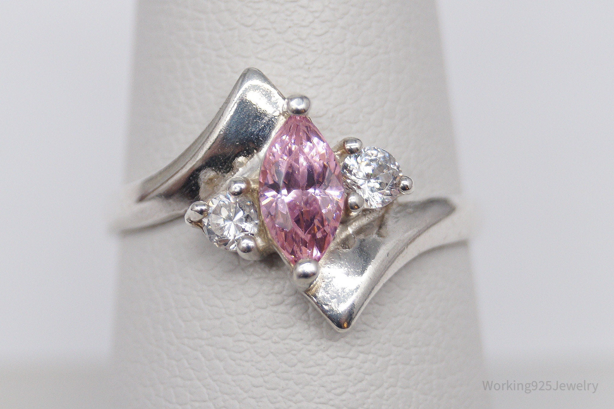 Vintage Pink & White Cubic Zirconia Sterling Silver Ring - Size 8