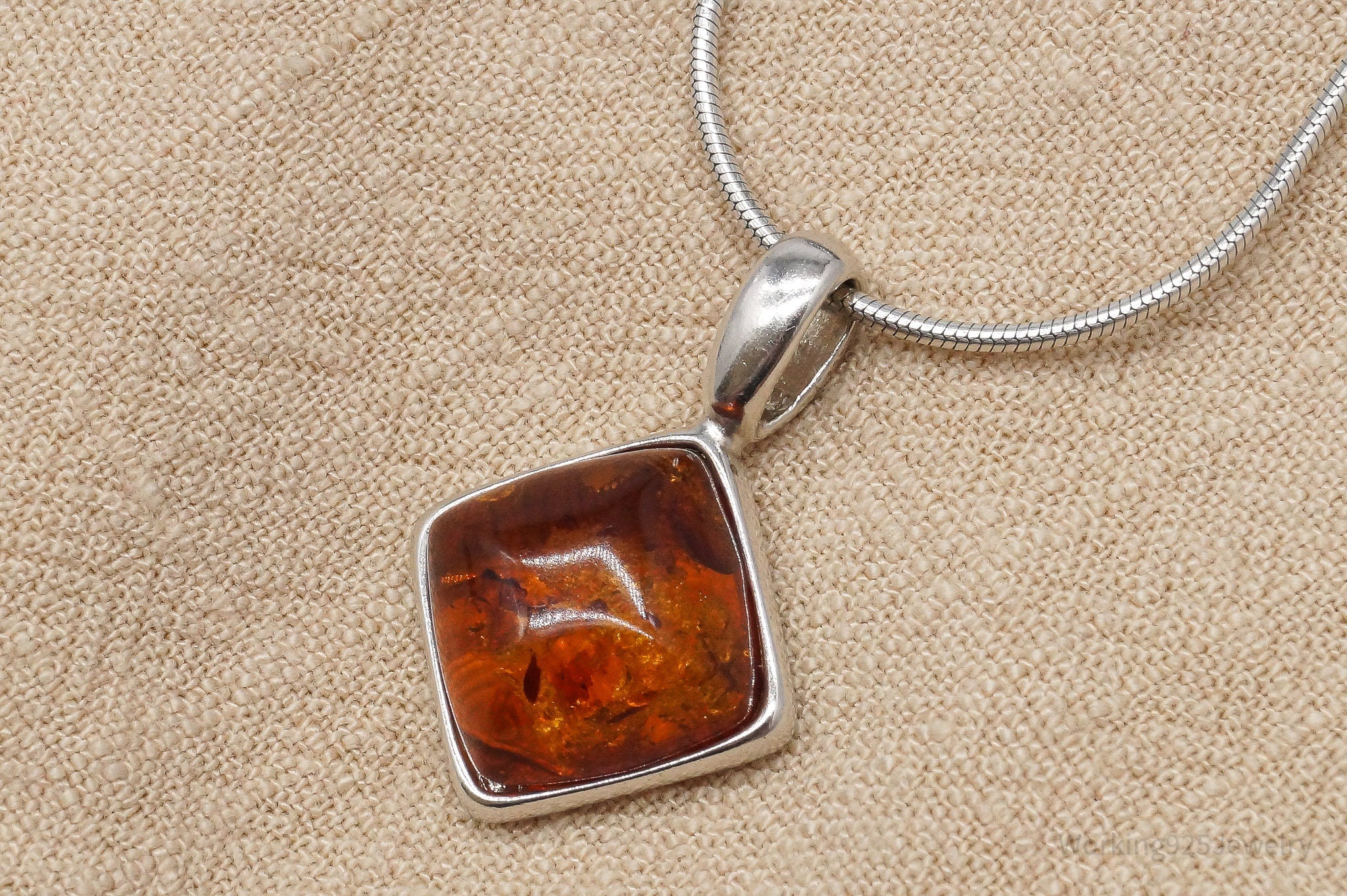 Vintage Amber Sterling Silver Chain Necklace - 16"