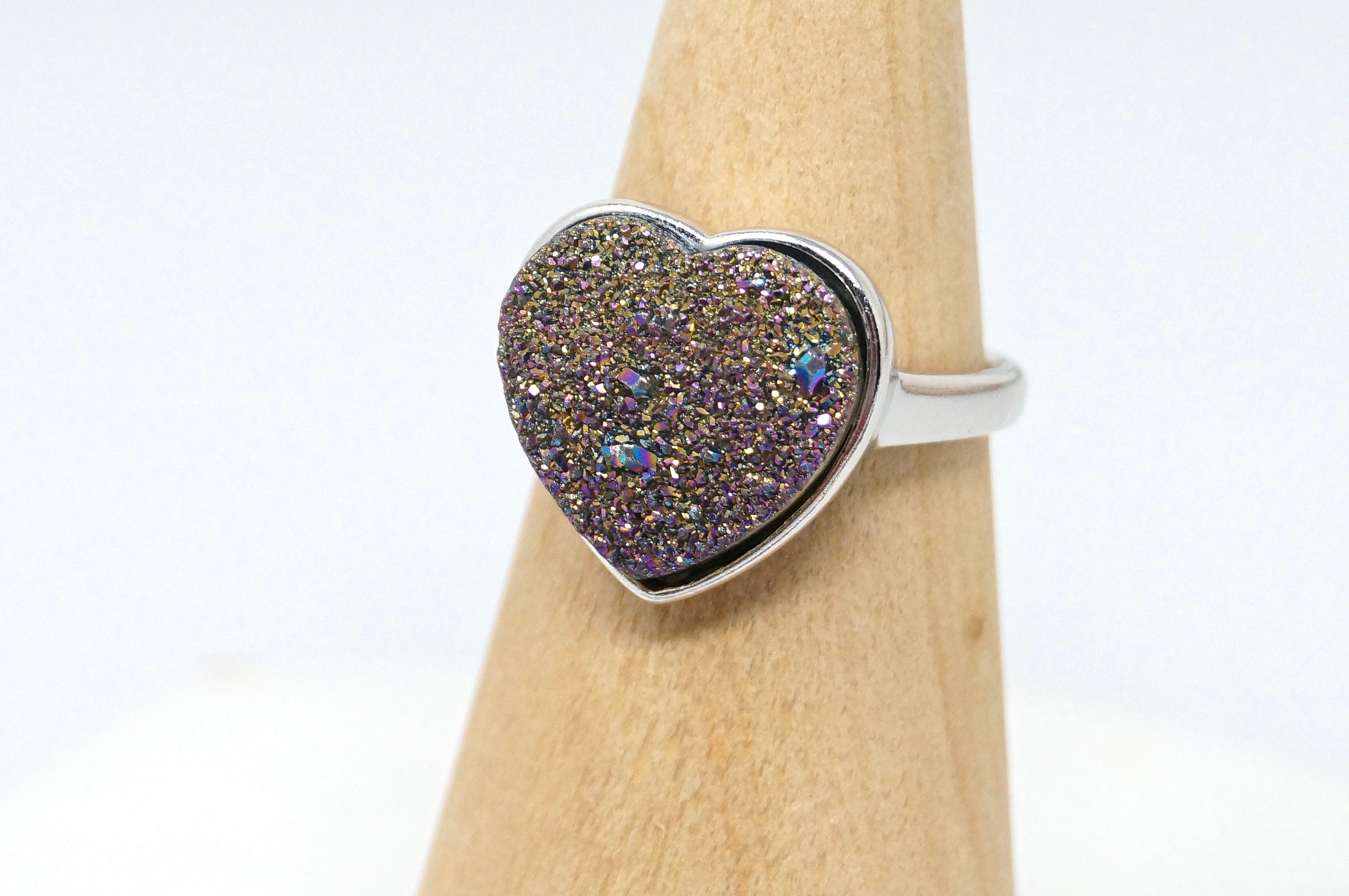 Vintage Rainbow Druzy Quartz Heart Statement Ring Sterling Silver - Size 9