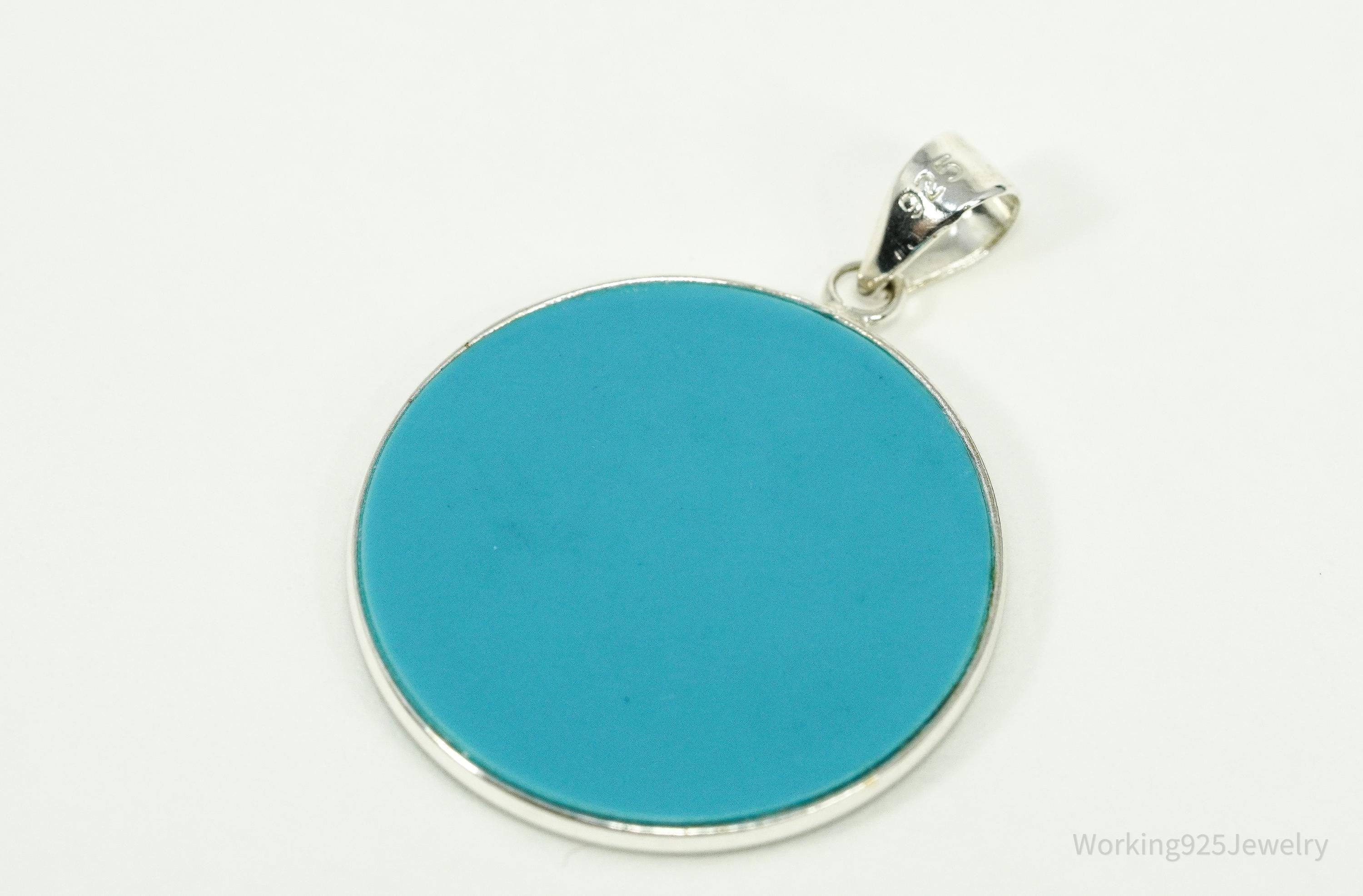 Vintage Chinese Fortune Good Luck Turquoise Sterling Silver Necklace Pendant 1 1/8"