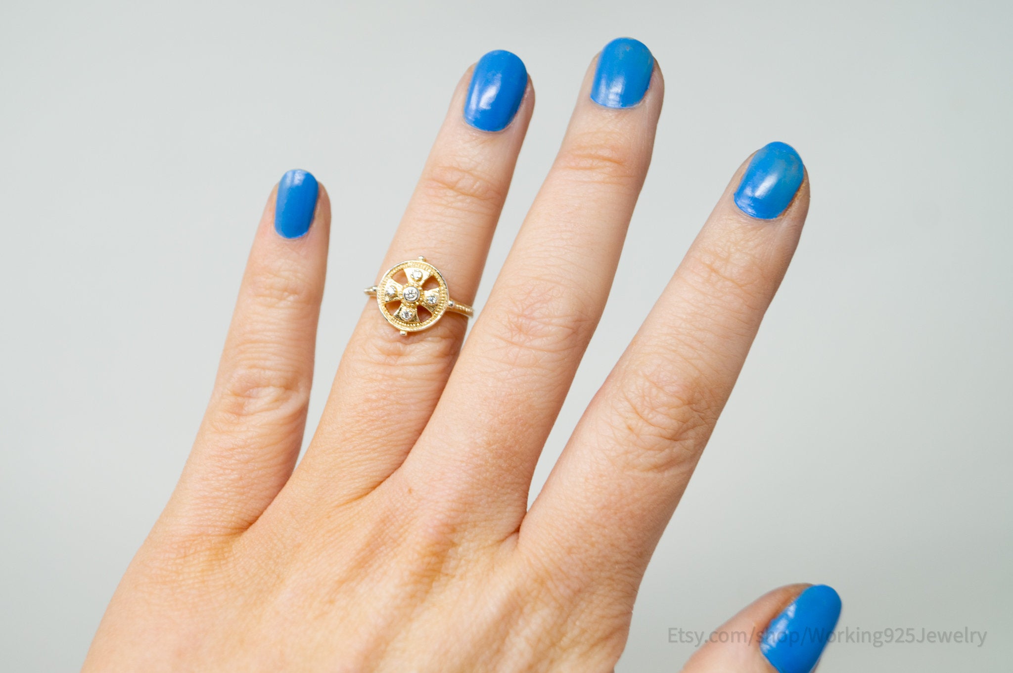 Vintage Deco Gold Vermeil Cubic Zirconia Sterling Silver Ring - Size 6