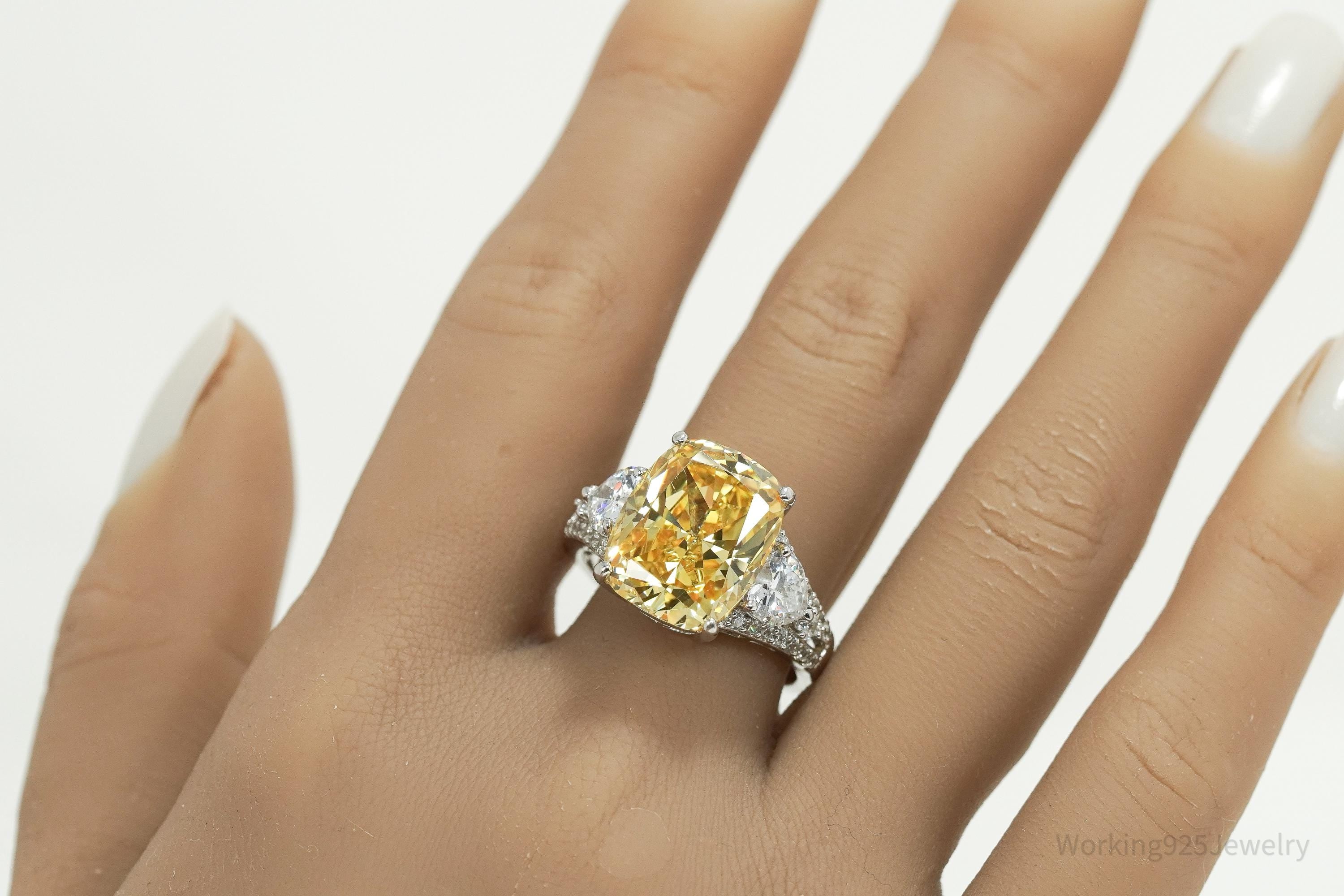 Vintage Large Yellow & White Cubic Zirconia Sterling Silver Ring - Size 10.25