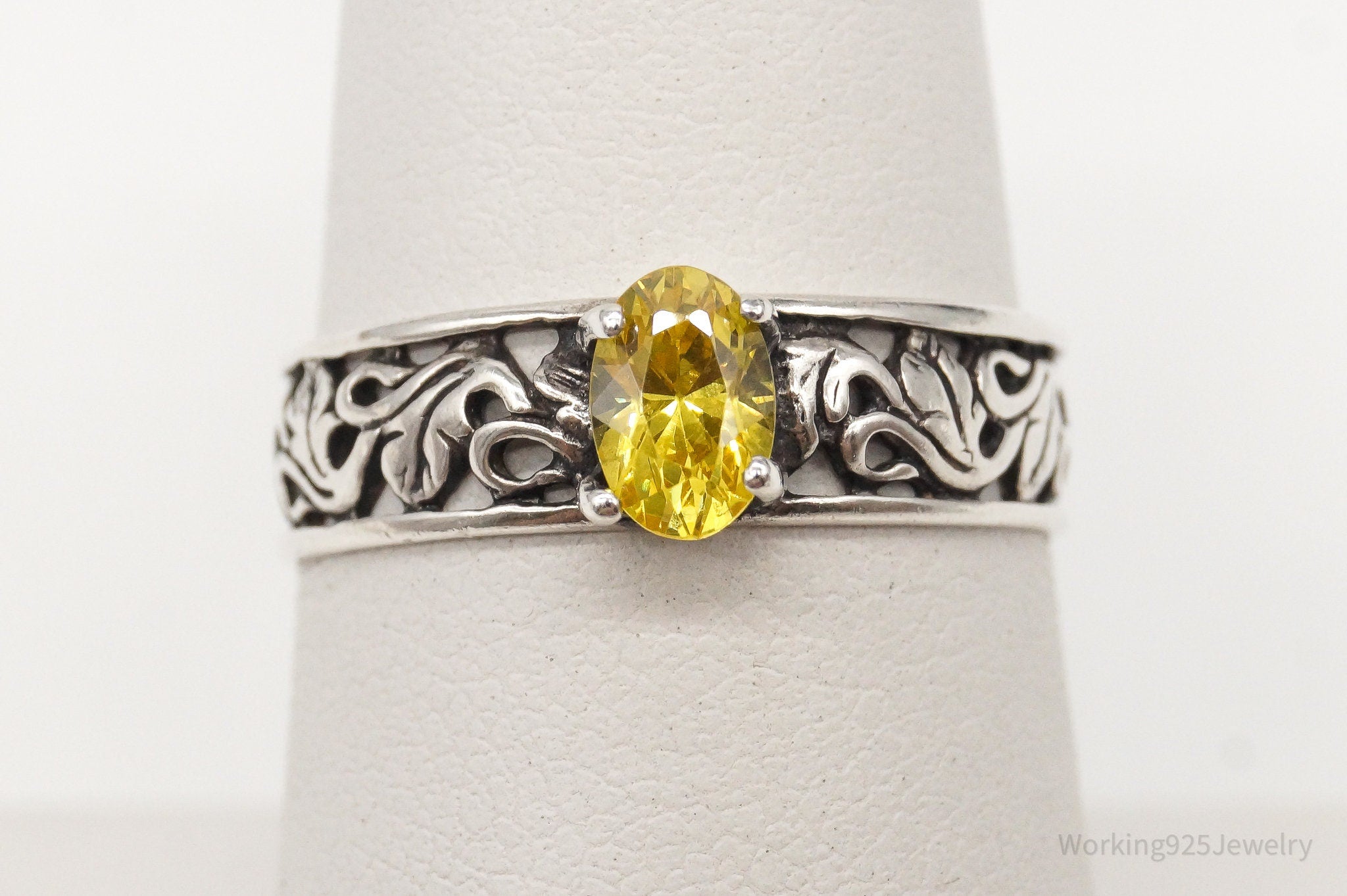 Vintage Yellow Cubic Zirconia Sterling Silver Ring Size 6.75