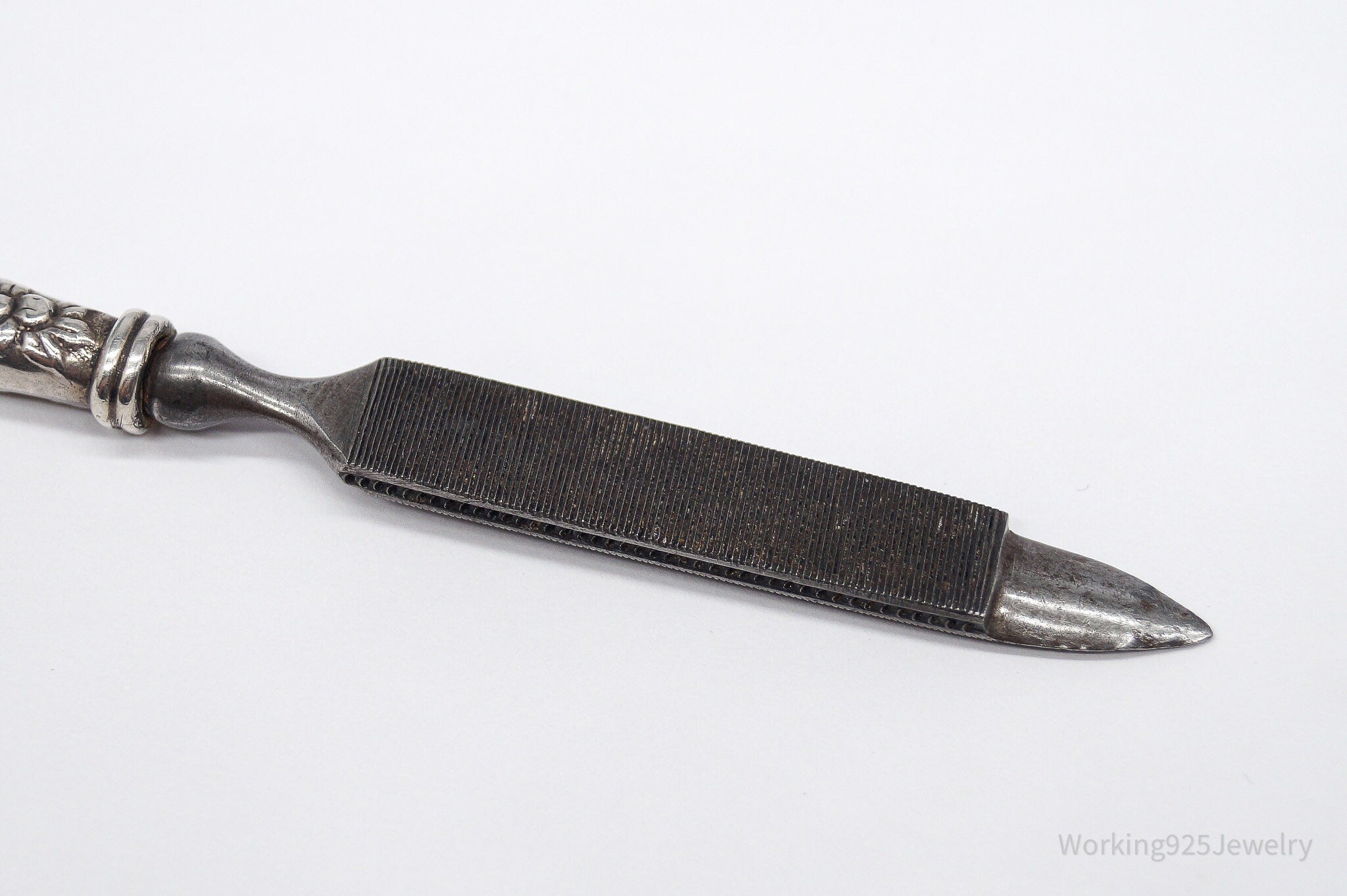 Large Rare Antique Repousse Purple Glass End Sterling Silver Nail File